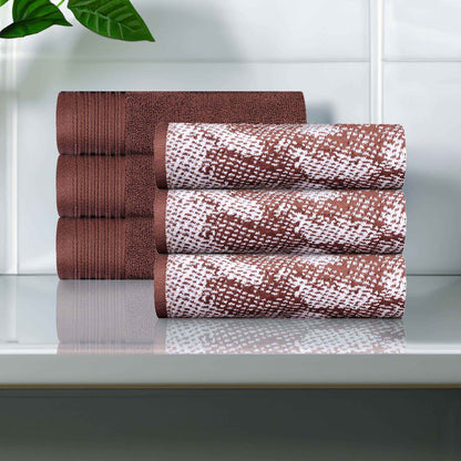 Cotton Marble and Solid Medium Weight Hand Towel Set of 6 - Brown