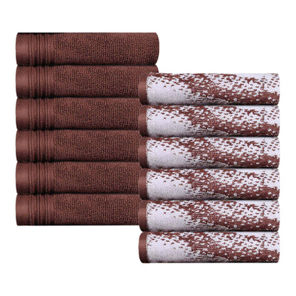 Cotton Marble and Solid Medium Weight Face Towel/ Washcloth Set of 12 - Brown