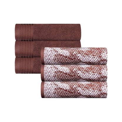 Cotton Marble and Solid Medium Weight Hand Towel Set of 6 - Brown