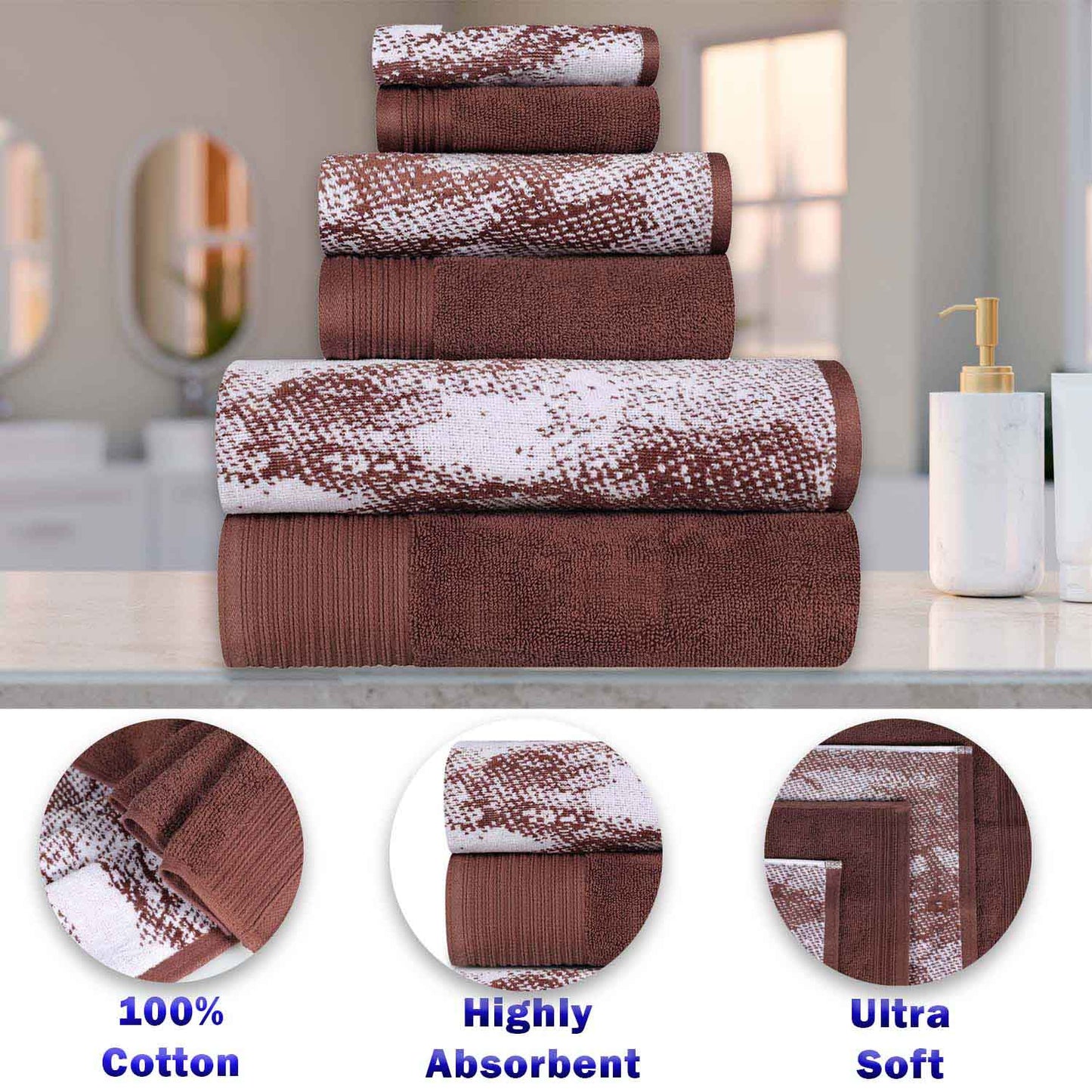 Cotton Marble and Solid Medium Weight Hand Towel Set of 6 - Brown