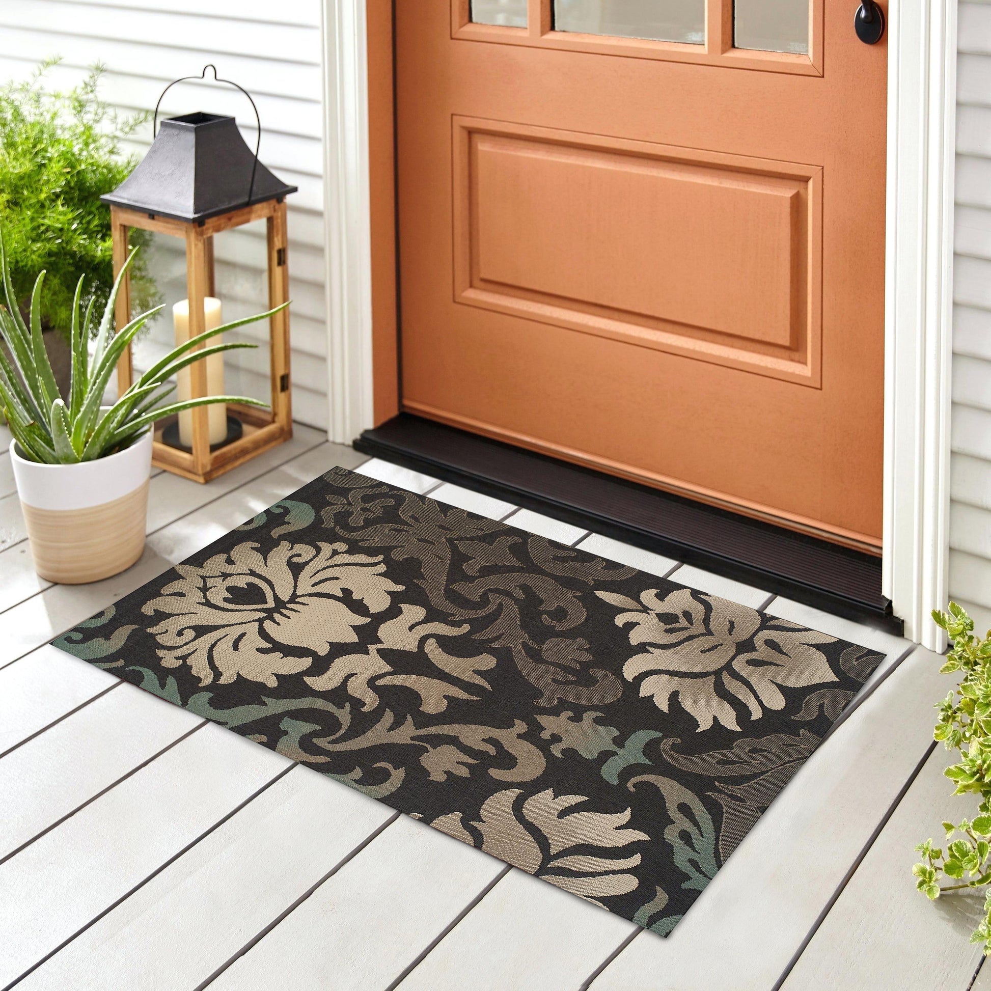 Lowell Traditional Damask Indoor Outdoor Area Rug - Brown