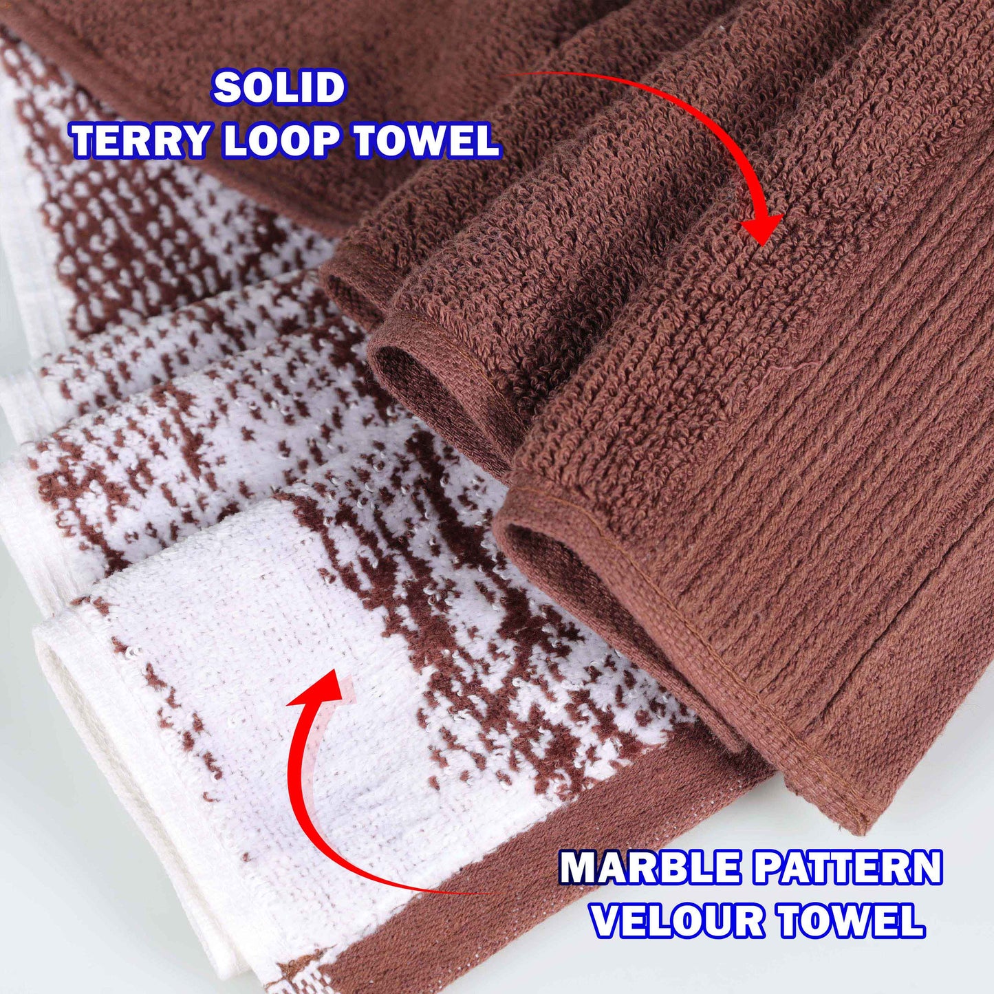 Cotton Marble and Solid Medium Weight Hand Towel Set of 6 - Brown