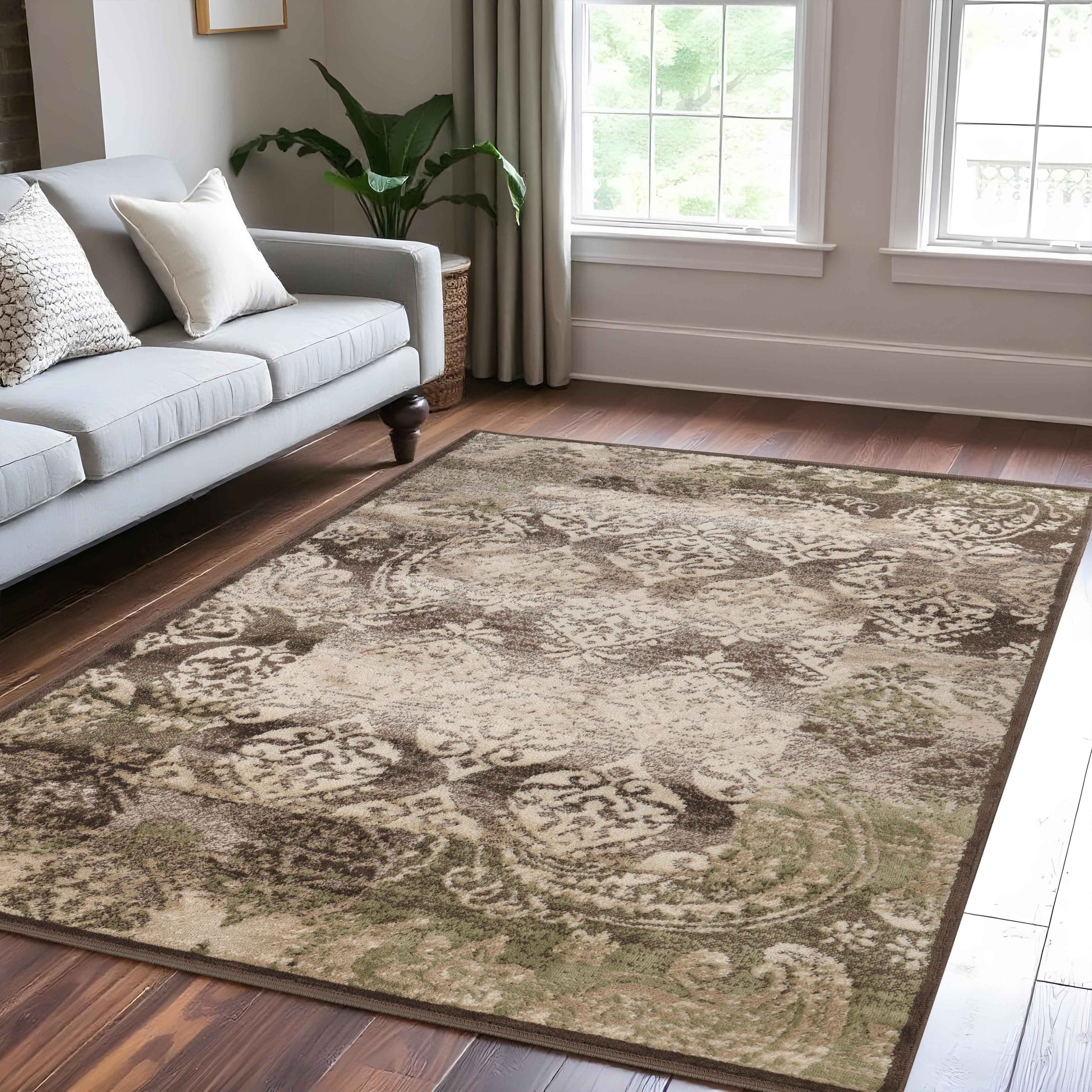 Mystique Distressed Damask Contemporary Area Rug - Brown