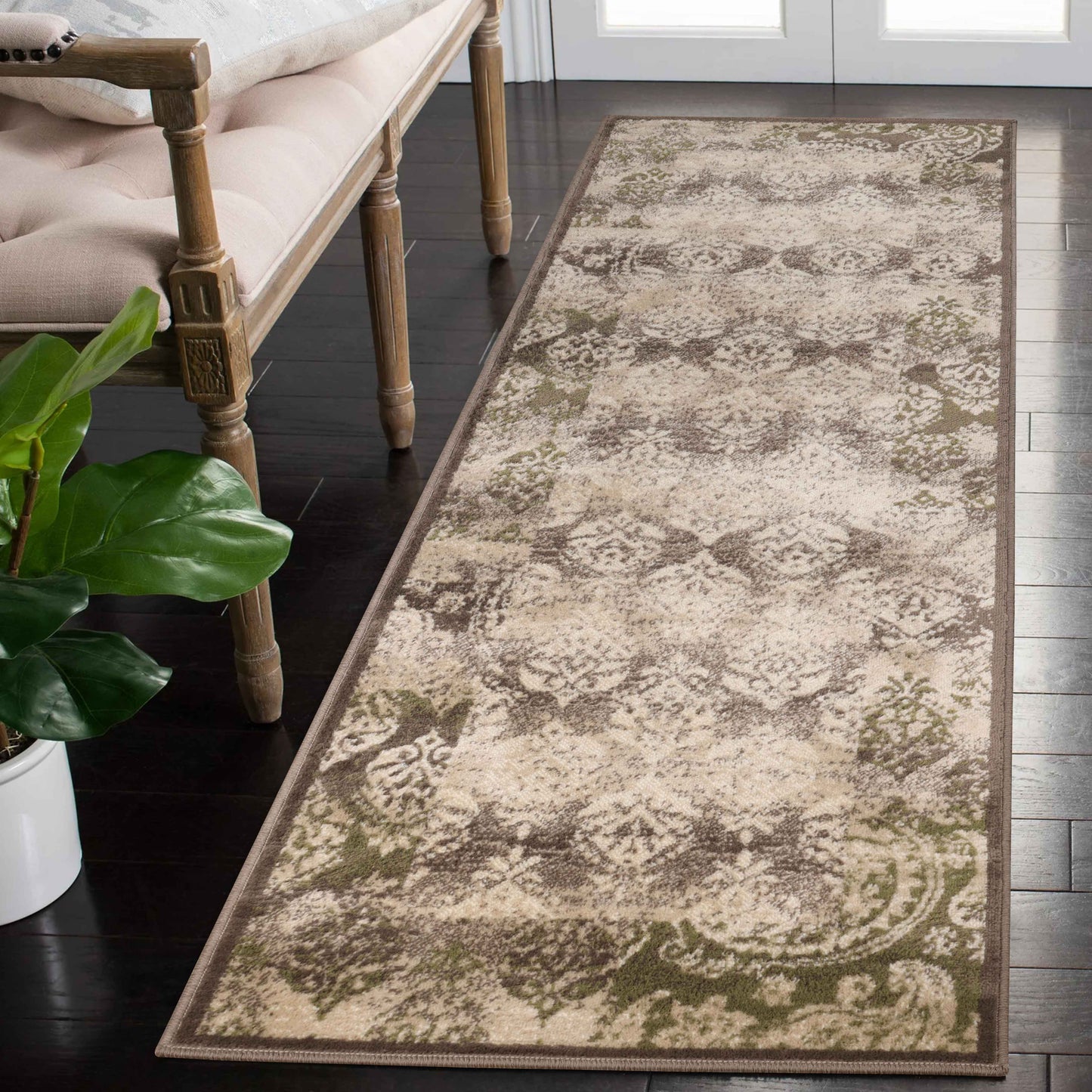 Mystique Distressed Damask Contemporary Area Rug - Brown