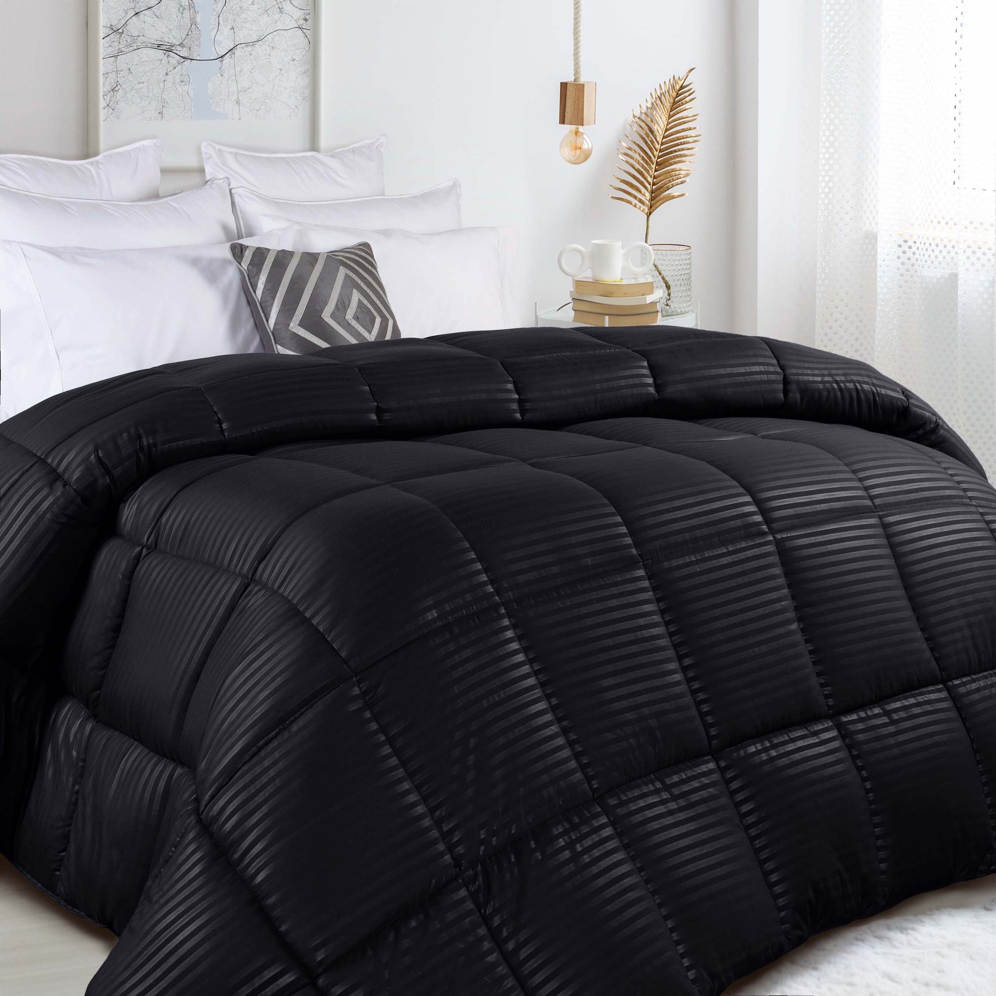 Brushed Microfiber Down Alternative Medium Weight Striped Comforter - Black