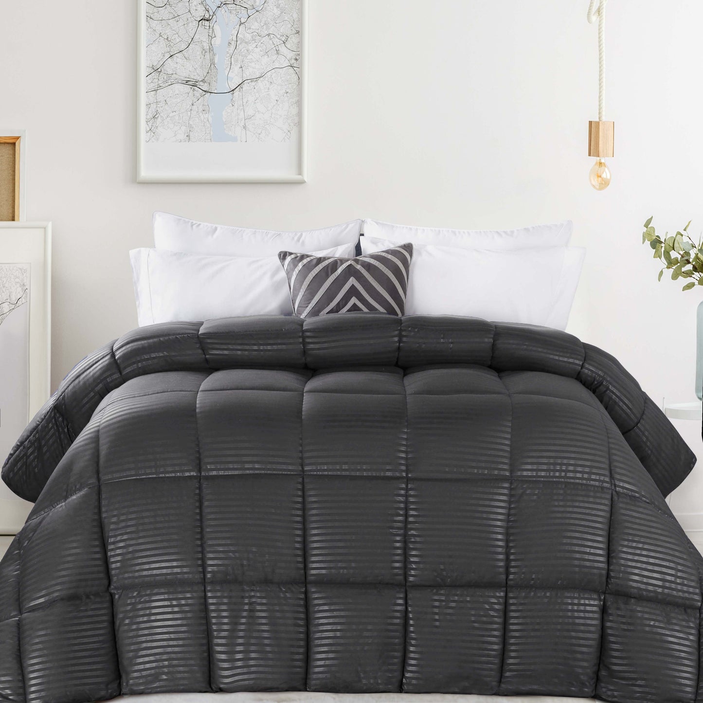 Brushed Microfiber Down Alternative Medium Weight Striped Comforter - Charcoal