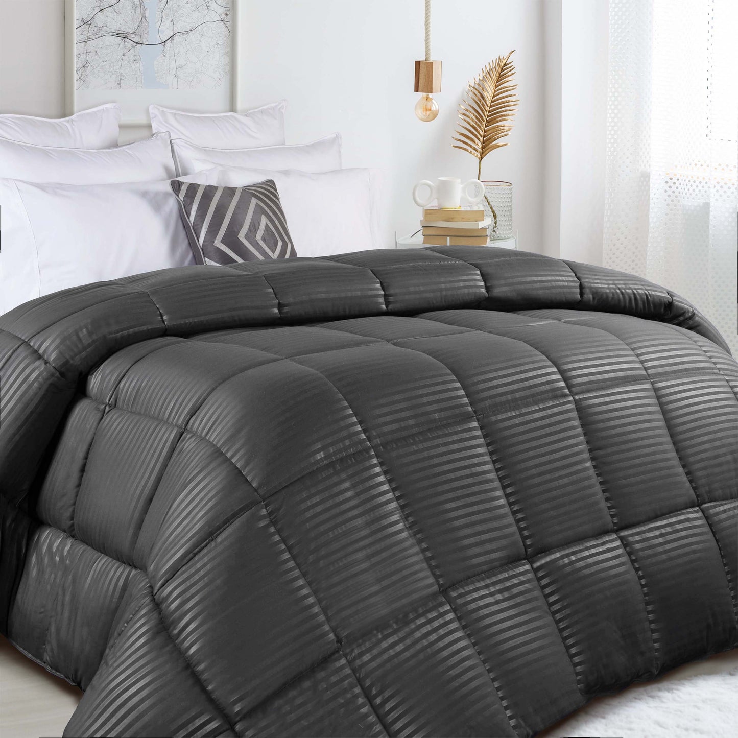 Brushed Microfiber Down Alternative Medium Weight Striped Comforter - Charcoal