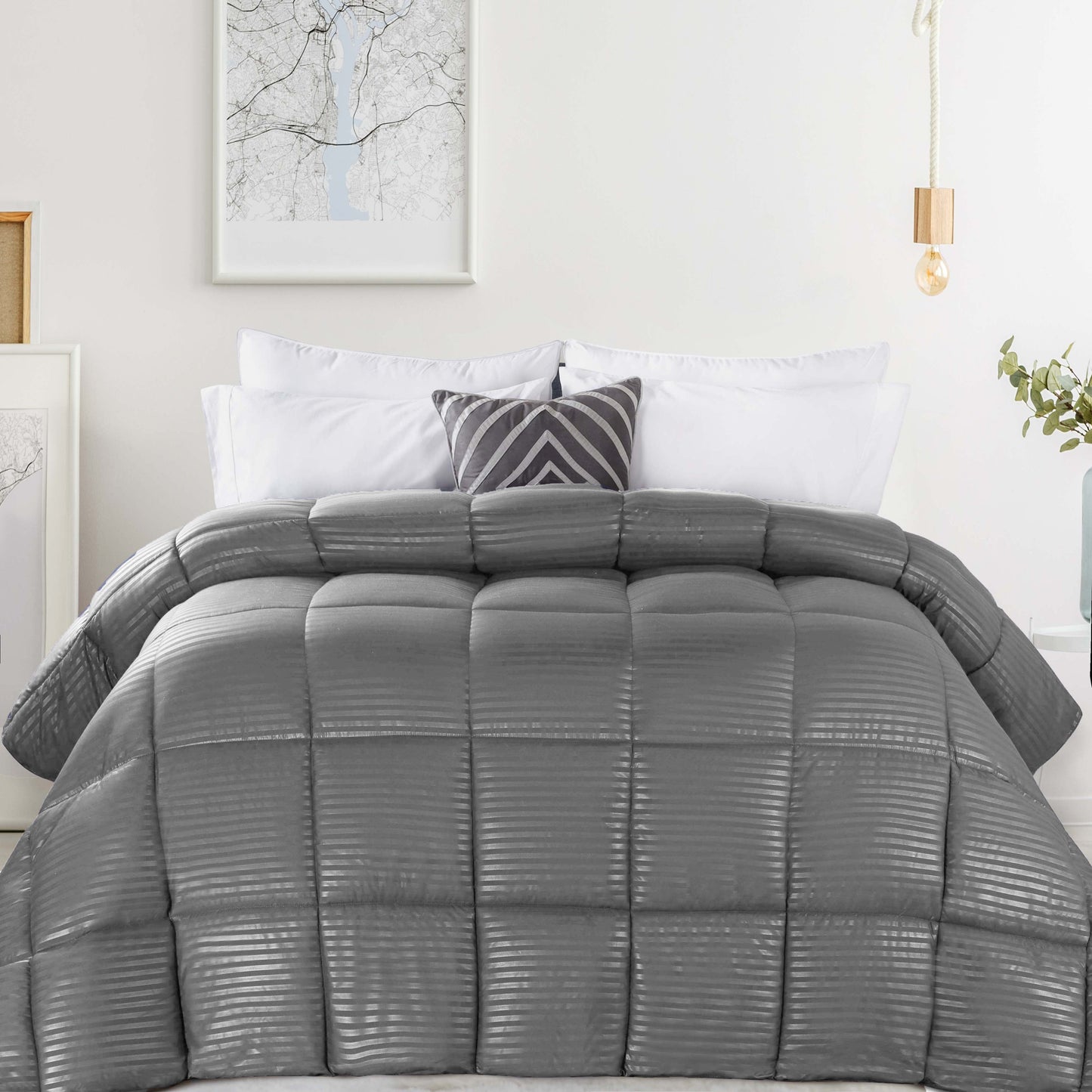 Brushed Microfiber Down Alternative Medium Weight Striped Comforter - Silver