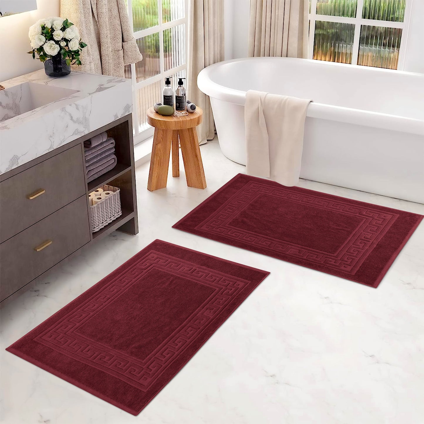 100% Cotton Highly-Absorbent Greek Key Border Solid 2-Piece Bath Mat Set  - Burgundy