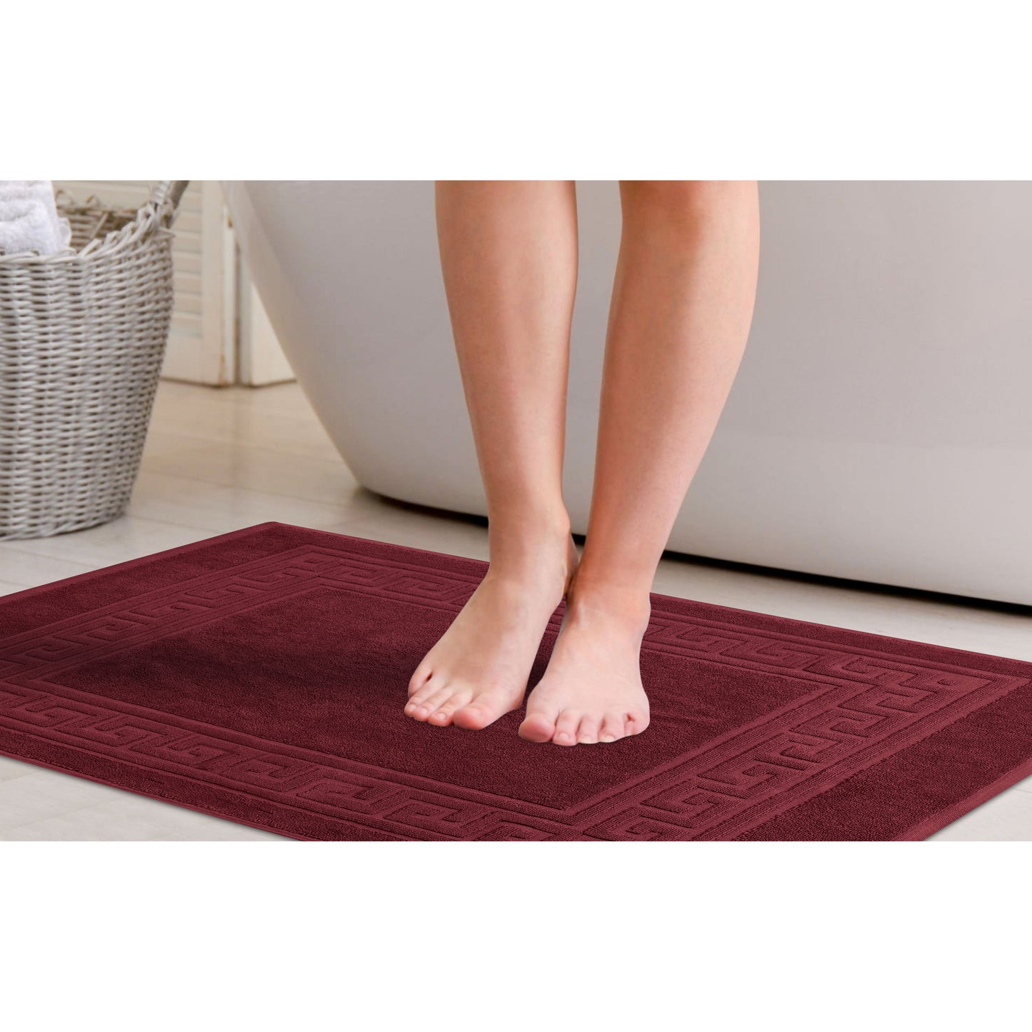 100% Cotton Highly-Absorbent Greek Key Border Solid 2-Piece Bath Mat Set - Burgundy