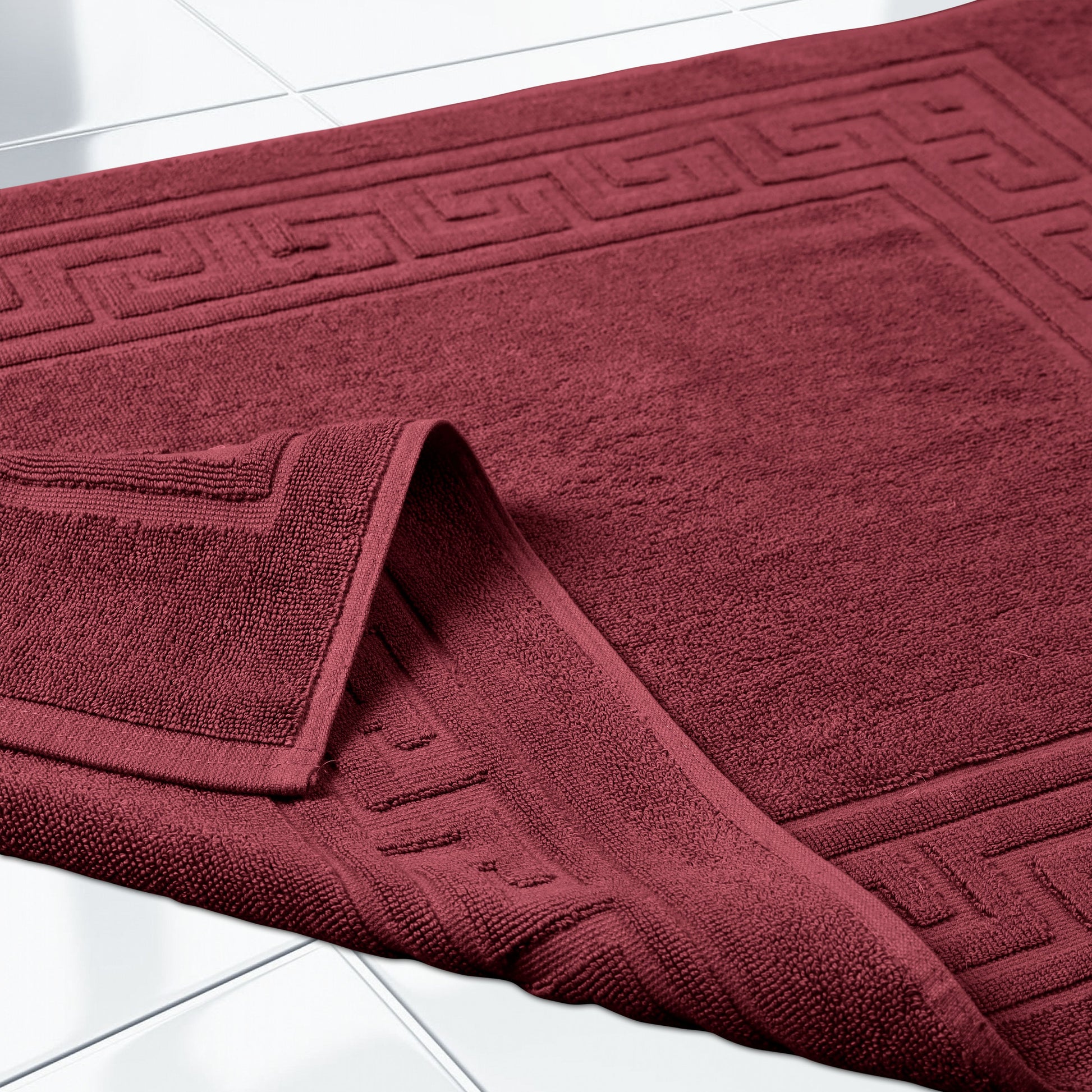 100% Cotton Highly-Absorbent Greek Key Border Solid 2-Piece Bath Mat Set - Burgundy