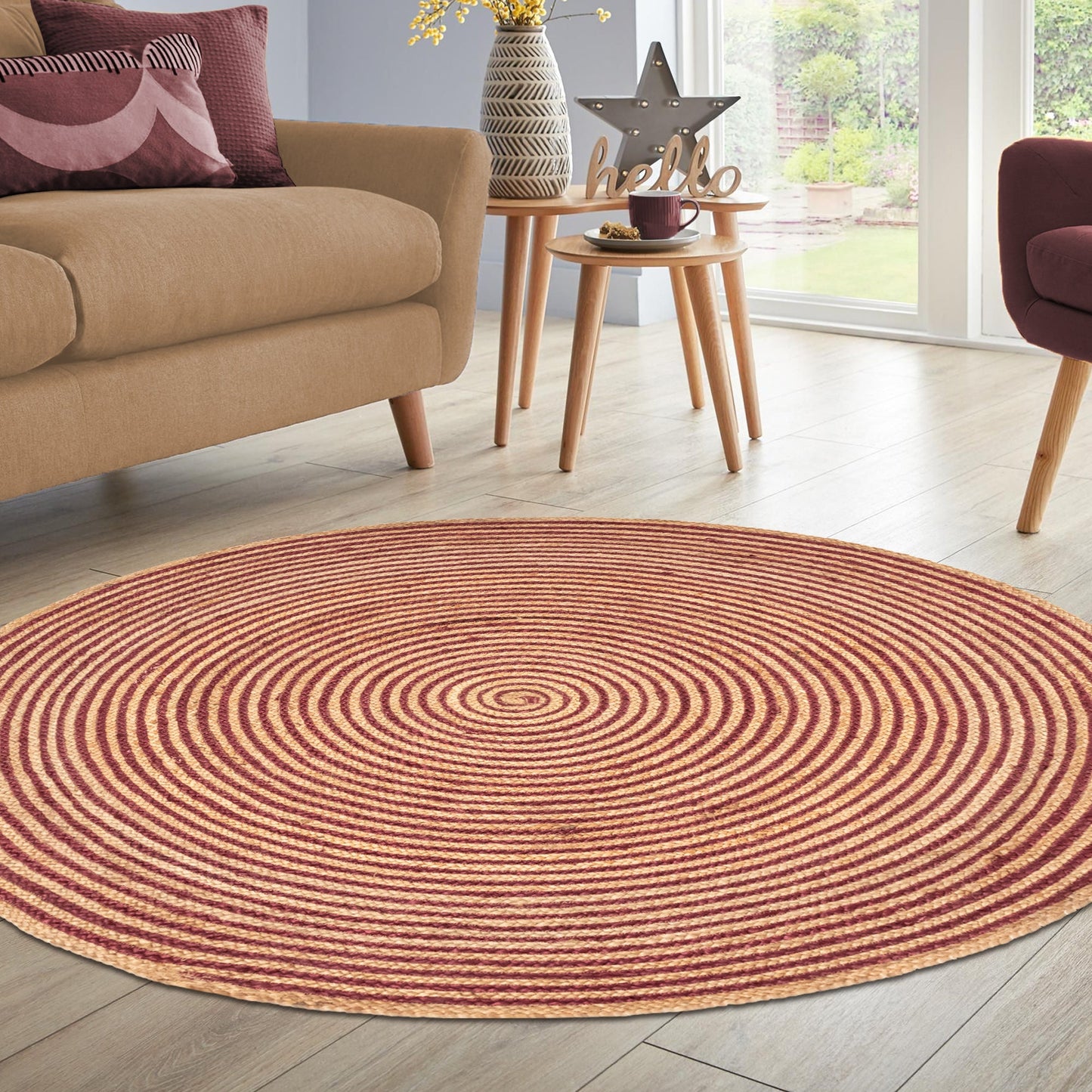 Braided Jute Reversible Round Indoor Outdoor Area Rug - Burgundy