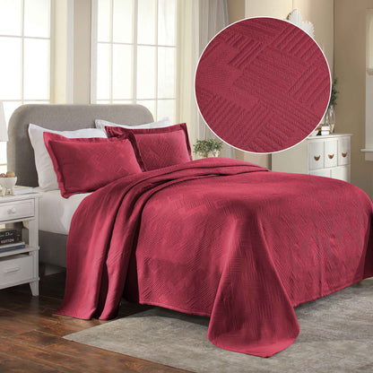 Cotton Jacquard Matelassé Scalloped Geometric Fret Bedspread Set - Burgundy