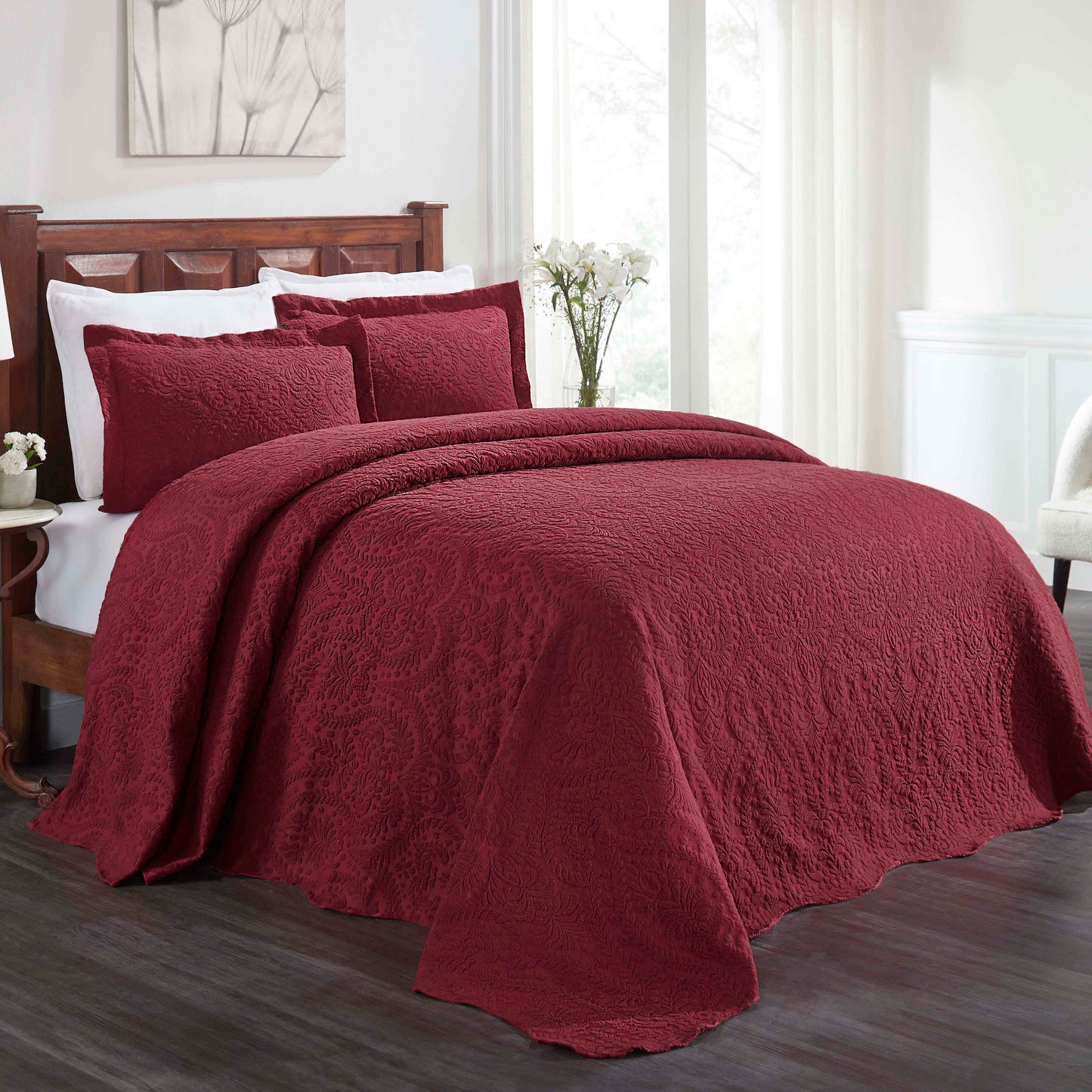 Aspen Cotton Blend Jacquard Floral Scalloped Edge Bedspread Set - Burgundy