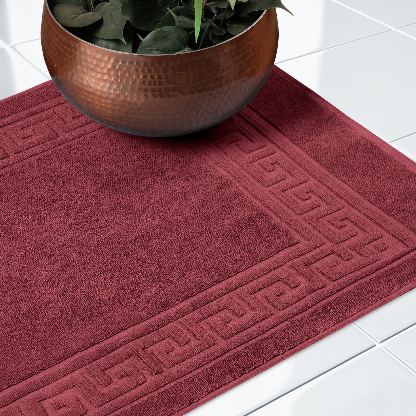 100% Cotton Highly-Absorbent Greek Key Border Solid 2-Piece Bath Mat Set - Burgundy