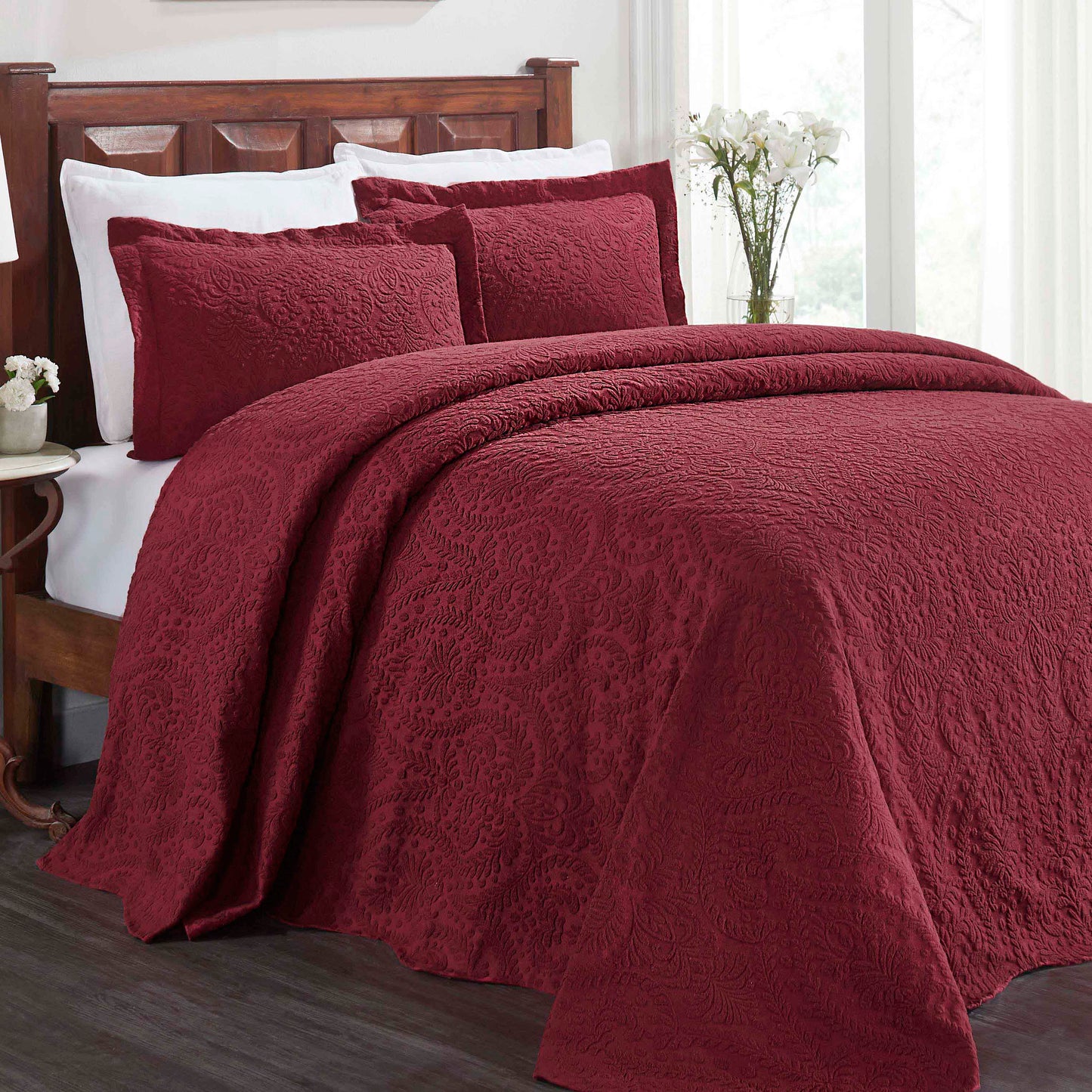 Aspen Cotton Blend Jacquard Floral Scalloped Edge Bedspread Set - Burgundy