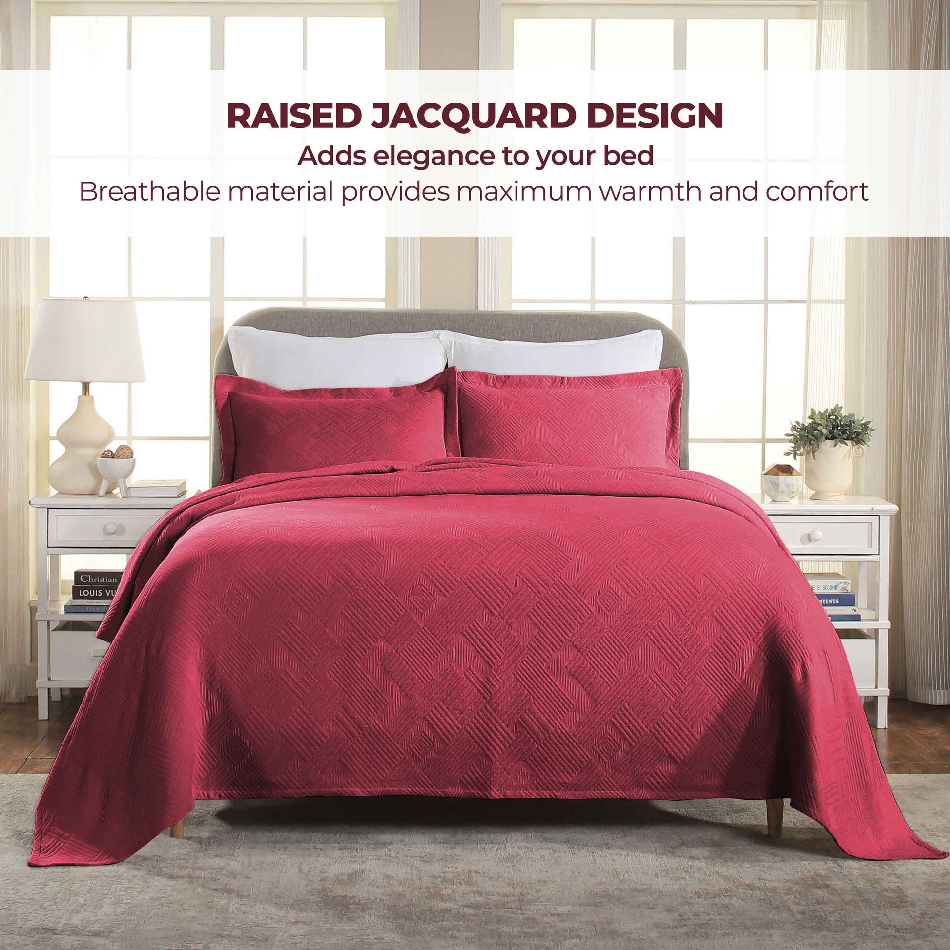 Cotton Jacquard Matelassé Scalloped Geometric Fret Bedspread Set - Burgundy