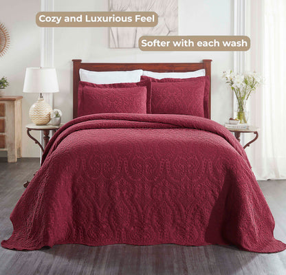 Aspen Cotton Blend Jacquard Floral Scalloped Edge Bedspread Set - Burgundy