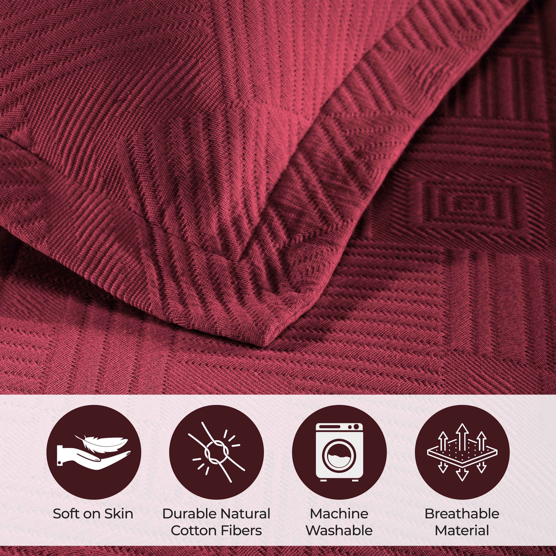 Cotton Jacquard Matelassé Scalloped Geometric Fret Bedspread Set - Burgundy