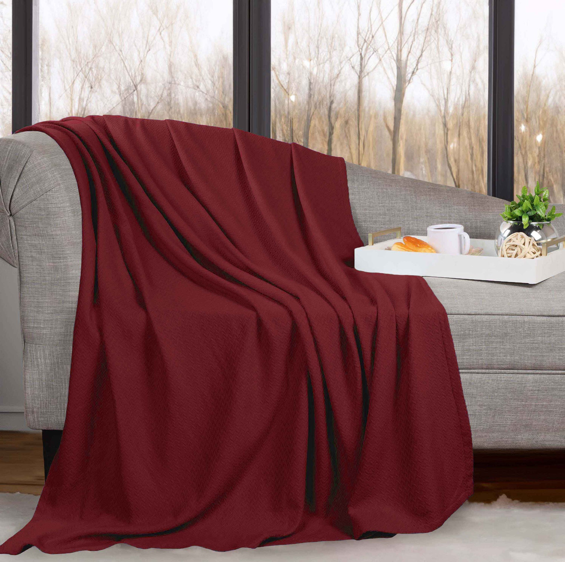 Nobel Cotton Textured Jacquard Chevron Lightweight Woven Blanket - Burgundy