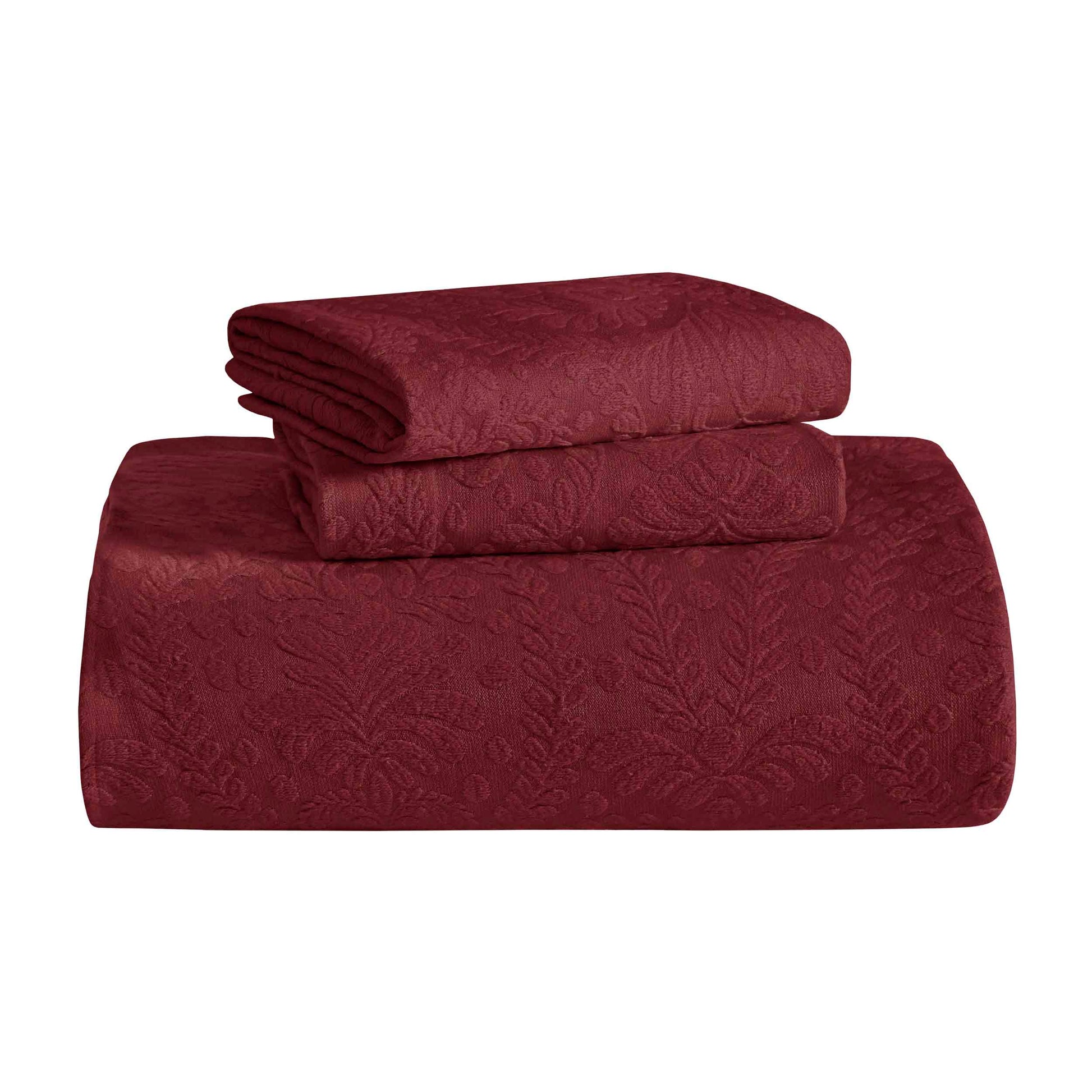 Aspen Cotton Blend Jacquard Floral Scalloped Edge Bedspread Set - Burgundy