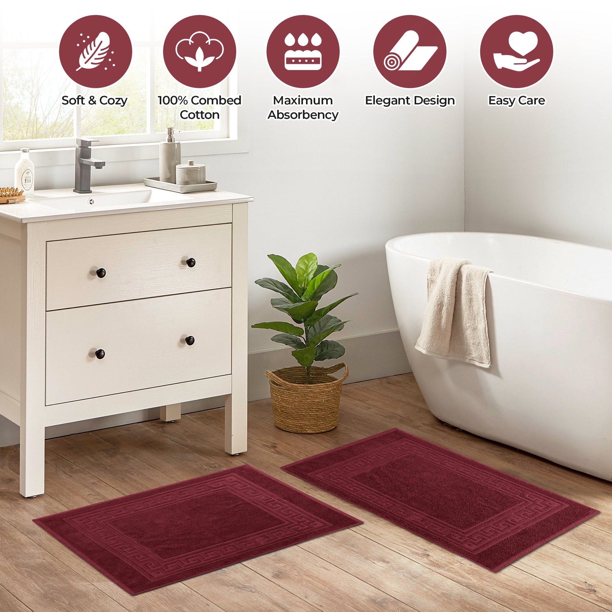 100% Cotton Highly-Absorbent Greek Key Border Solid 2-Piece Bath Mat Set - Burgundy