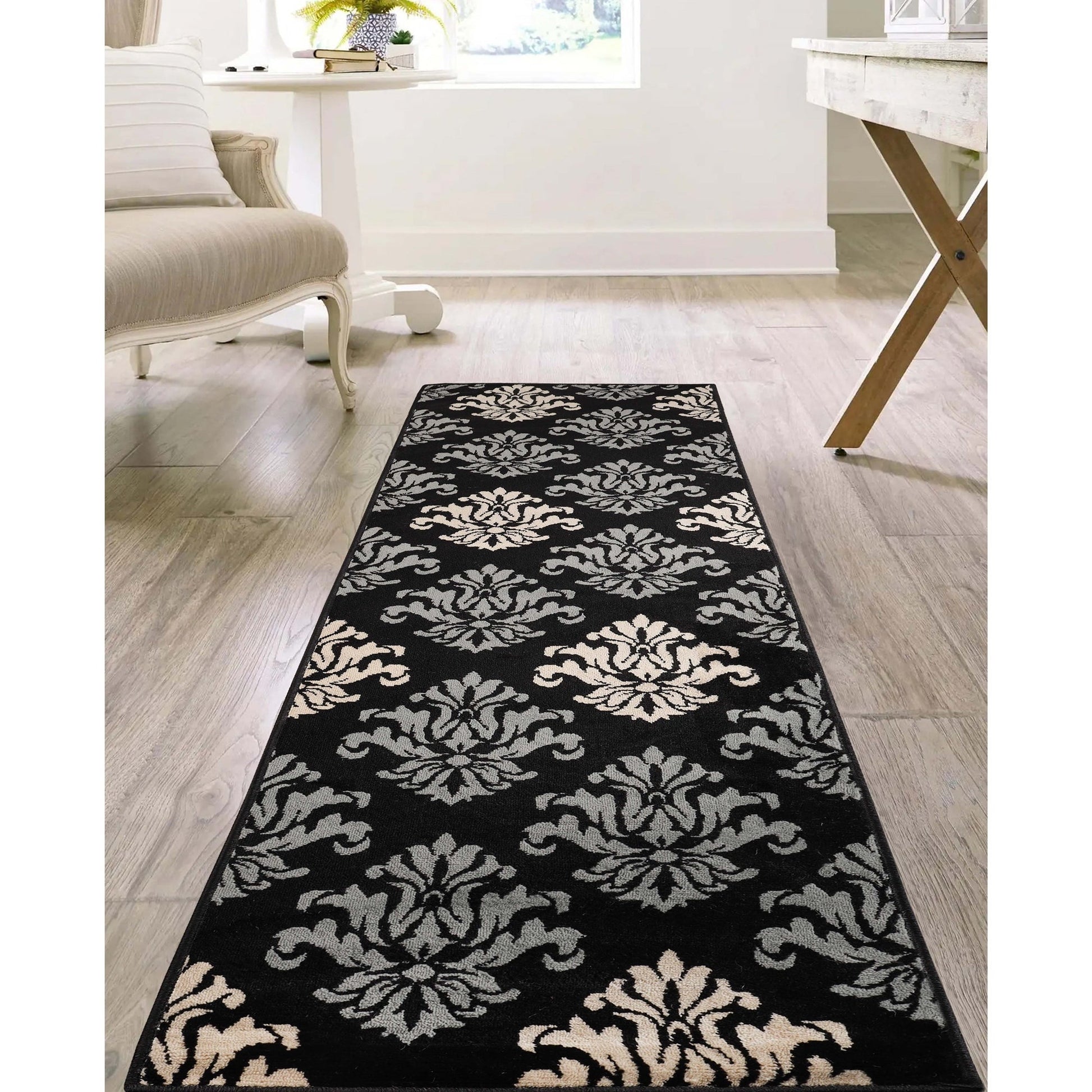 Superior Casper Damask Floral Area Rug - Black