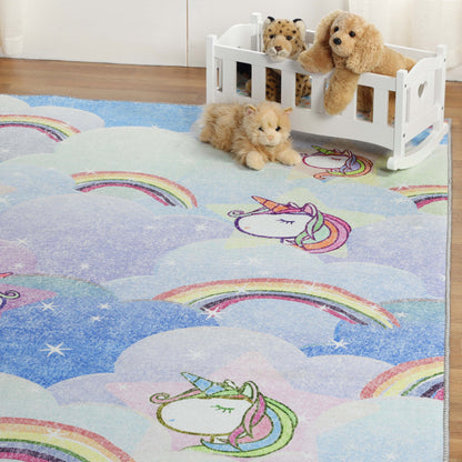 Superior Unicorn Rainbow Colorful Kids Playroom Nursery Washable Indoor Area Rug Or Door Mat - Sapphire Blue