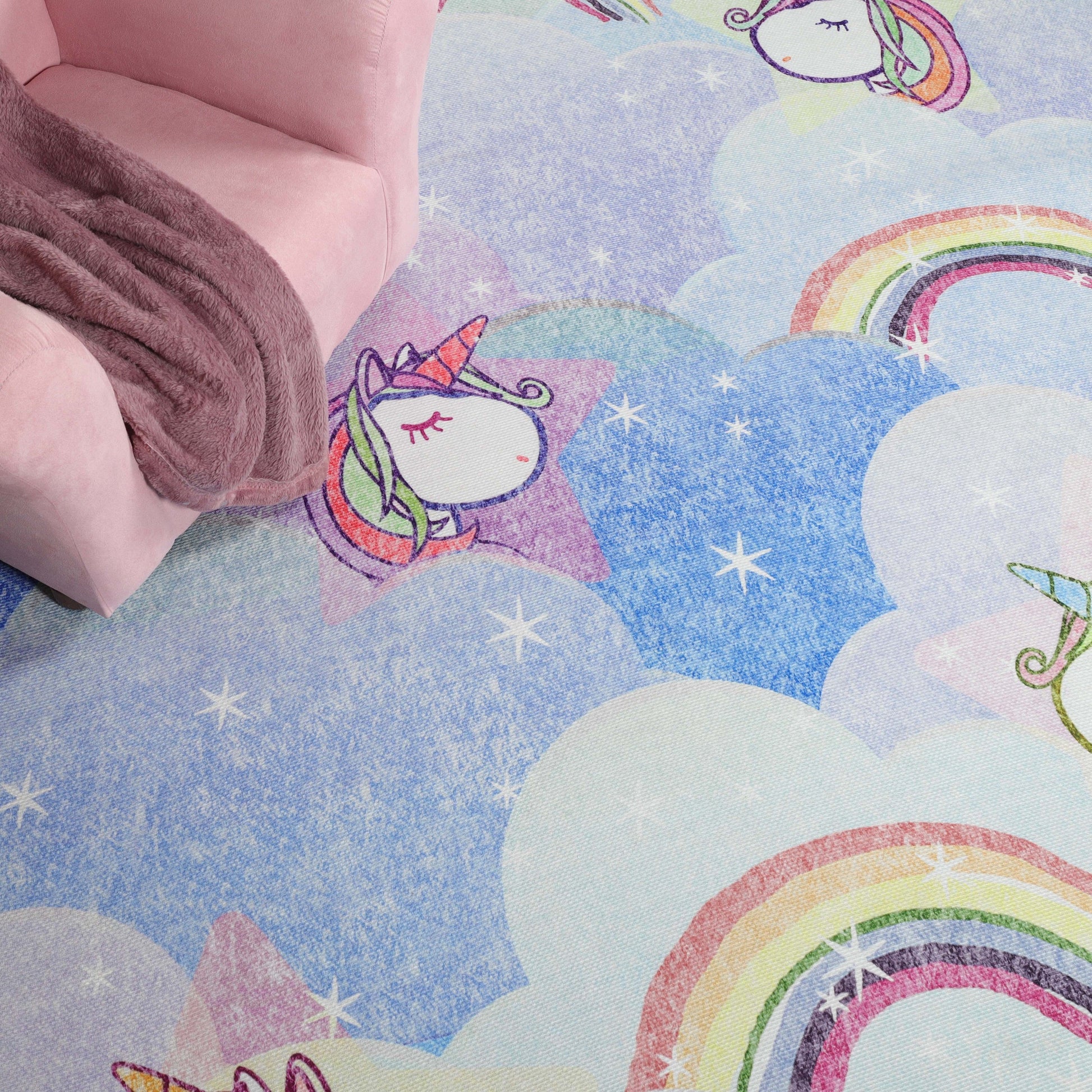 Superior Unicorn Rainbow Colorful Kids Playroom Nursery Washable Indoor Area Rug Or Door Mat - Sapphire Blue