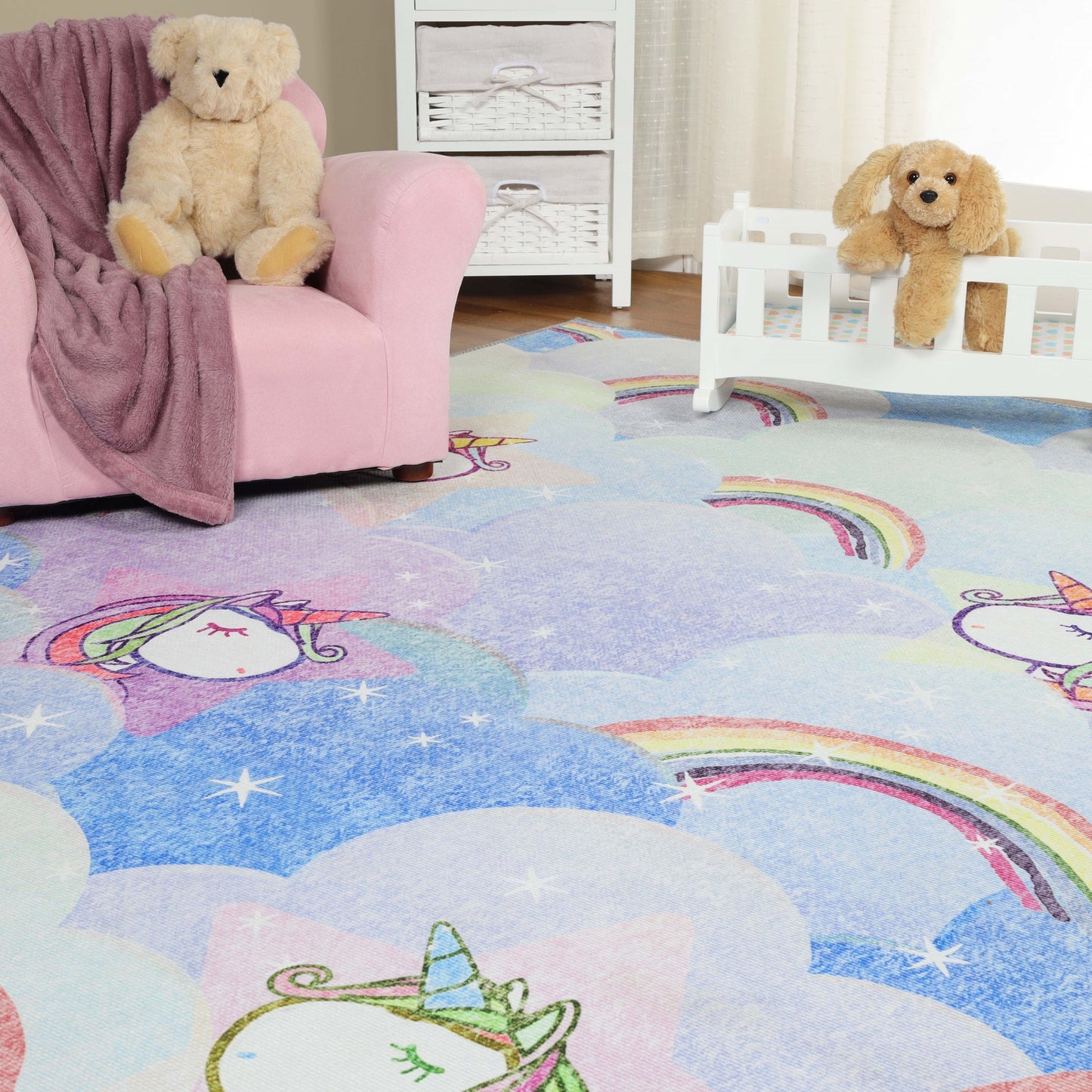 Superior Unicorn Rainbow Colorful Kids Playroom Nursery Washable Indoor Area Rug Or Door Mat - Sapphire Blue