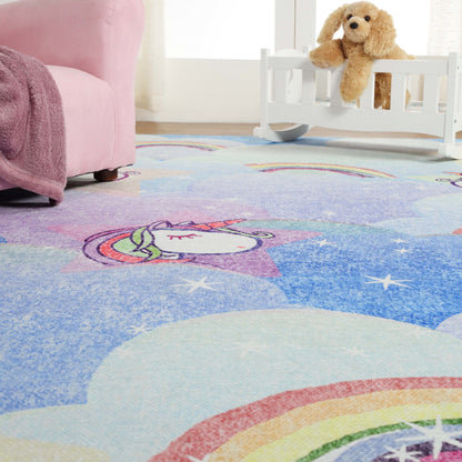 Superior Unicorn Rainbow Colorful Kids Playroom Nursery Washable Indoor Area Rug Or Door Mat - Sapphire Blue