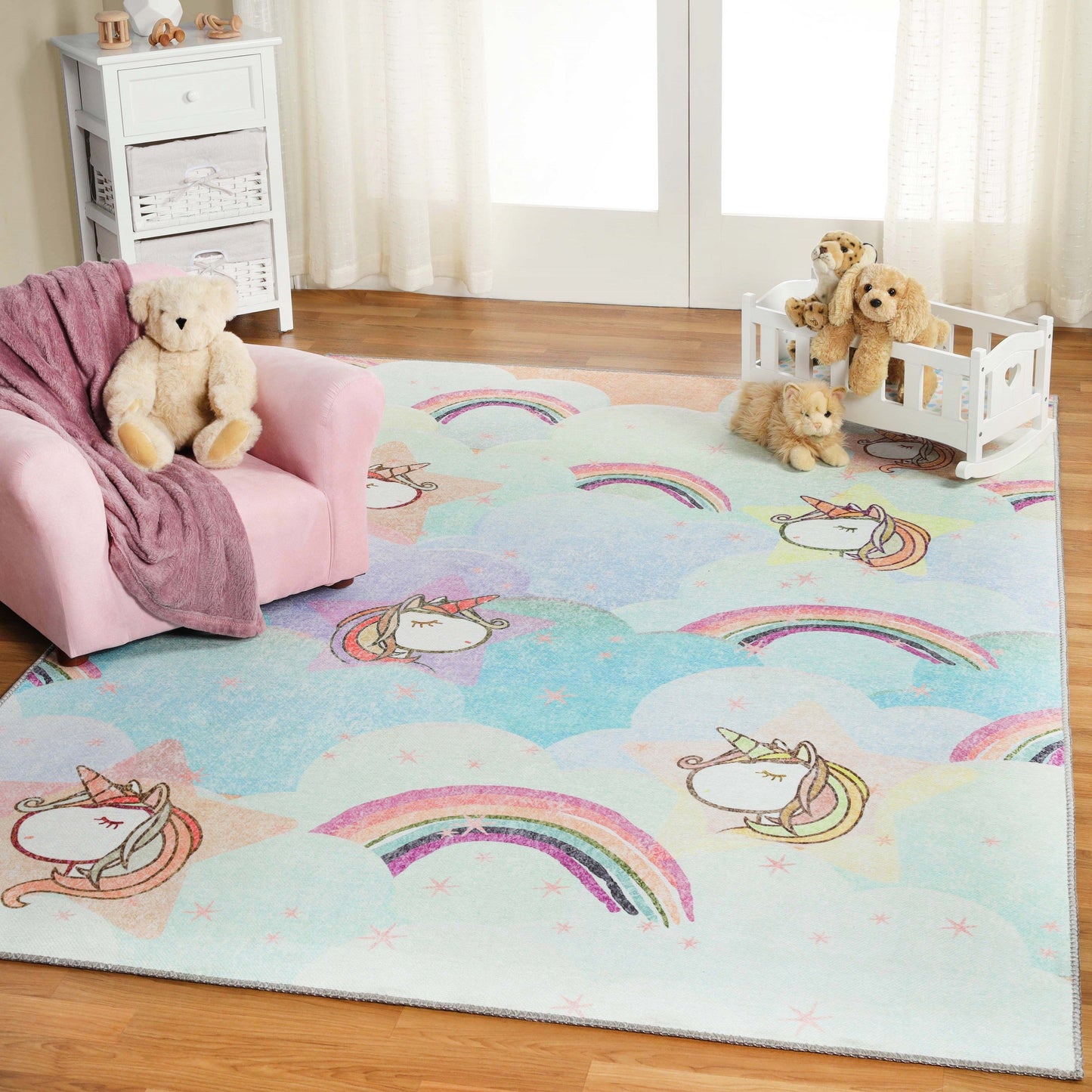 Superior Unicorn Rainbow Colorful Kids Playroom Nursery Washable Indoor Area Rug Or Door Mat - Turquoise