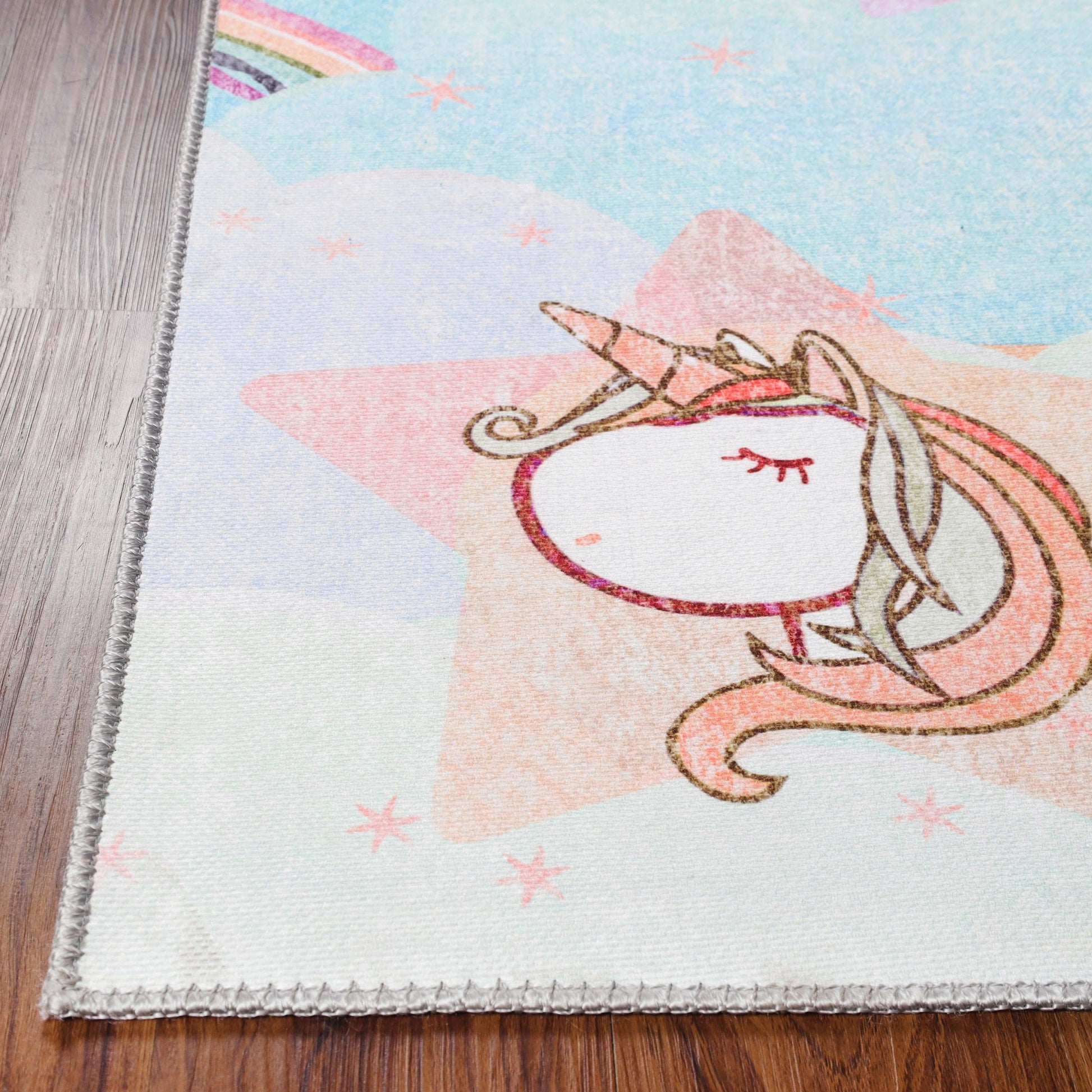 Superior Unicorn Rainbow Colorful Kids Playroom Nursery Washable Indoor Area Rug Or Door Mat -  Turquoise