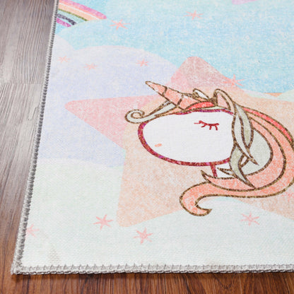 Superior Unicorn Rainbow Colorful Kids Playroom Nursery Washable Indoor Area Rug Or Door Mat -  Turquoise