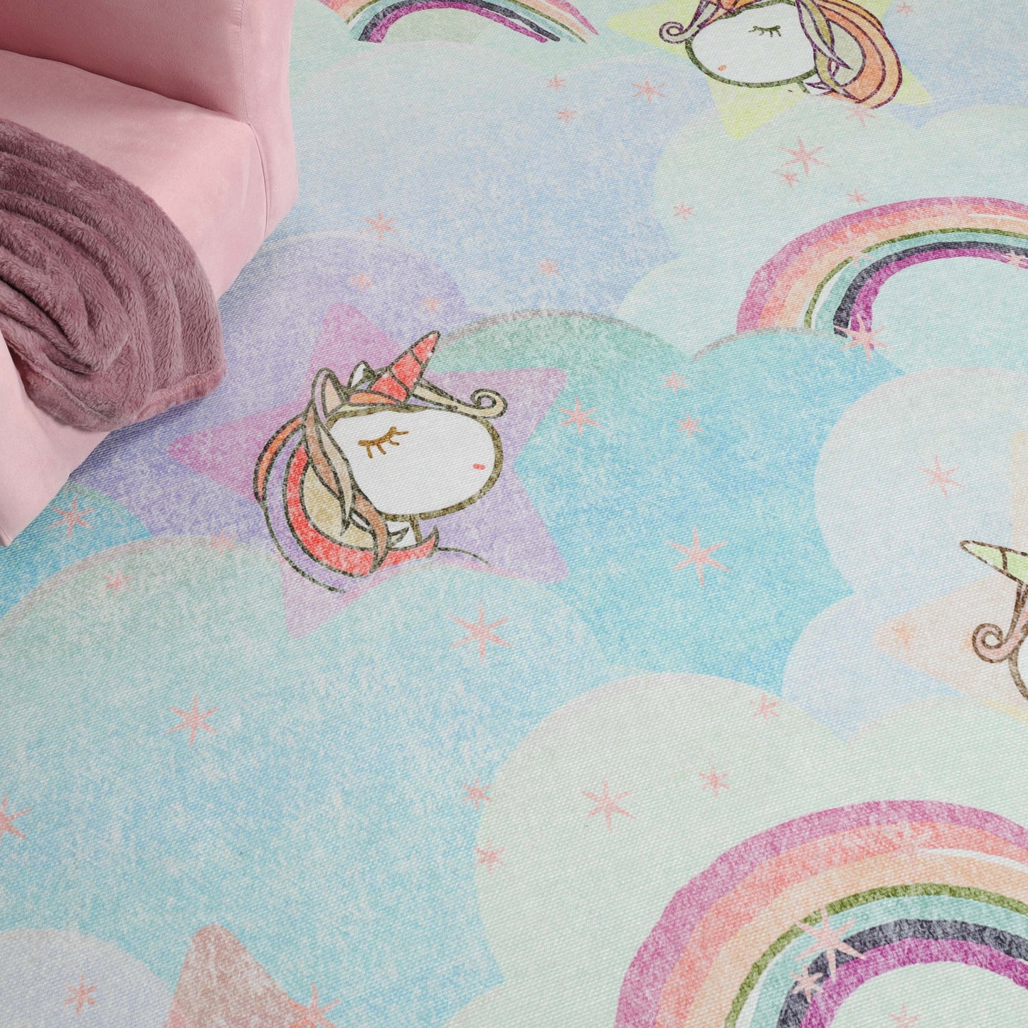 Superior Unicorn Rainbow Colorful Kids Playroom Nursery Washable Indoor Area Rug Or Door Mat - Turquoise