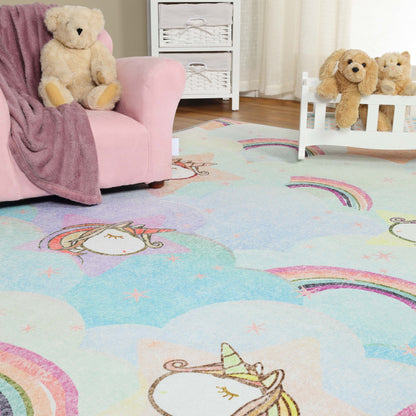 Superior Unicorn Rainbow Colorful Kids Playroom Nursery Washable Indoor Area Rug Or Door Mat - Turquoise