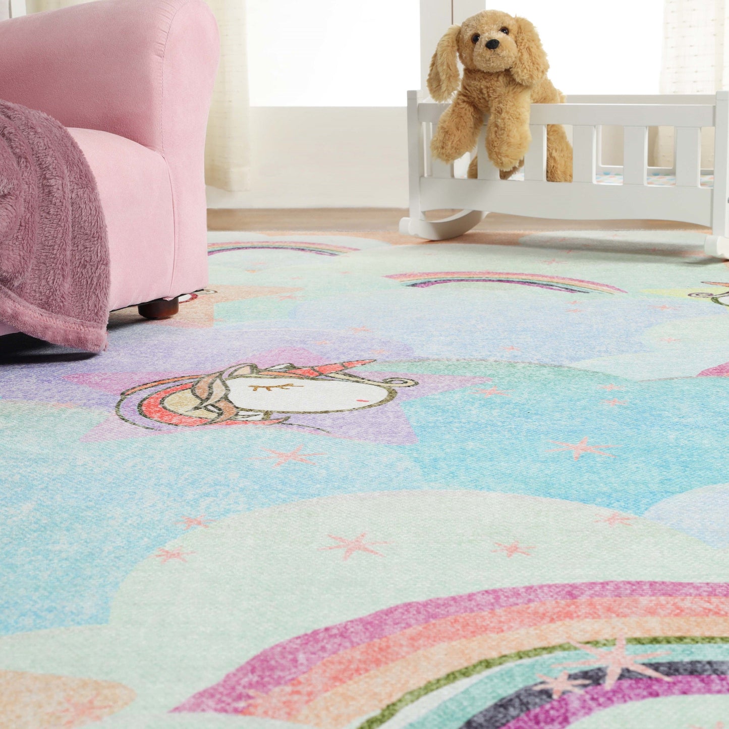 Superior Unicorn Rainbow Colorful Kids Playroom Nursery Washable Indoor Area Rug Or Door Mat - Turquoise