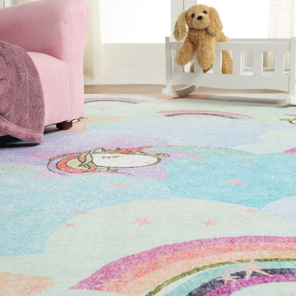 Superior Unicorn Rainbow Colorful Kids Playroom Nursery Washable Indoor Area Rug Or Door Mat - Turquoise