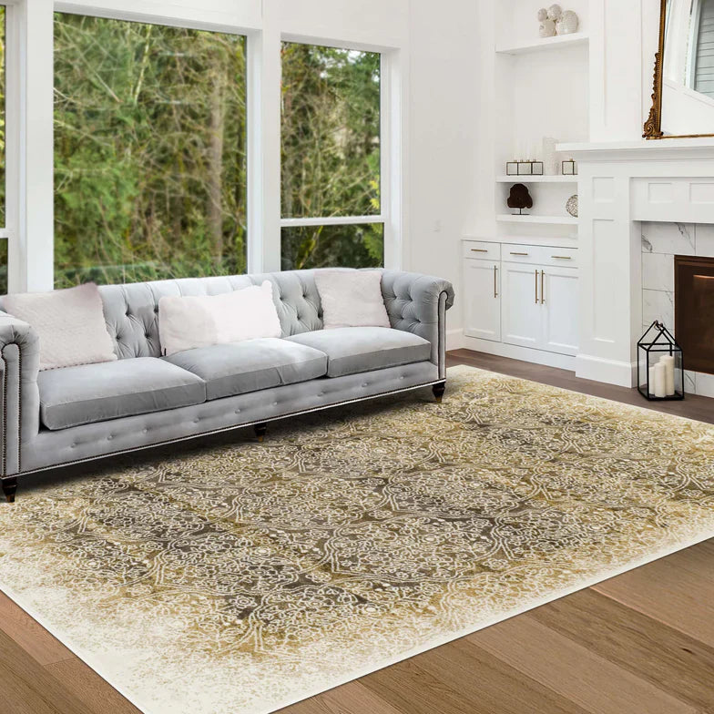 Apollo Distressed Oriental Floral Damask Indoor Area Rug - Camel
