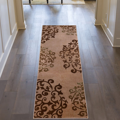 Amber Floral Scroll Medallion Non-Slip Washable Indoor Area Rug or Runner - Camel