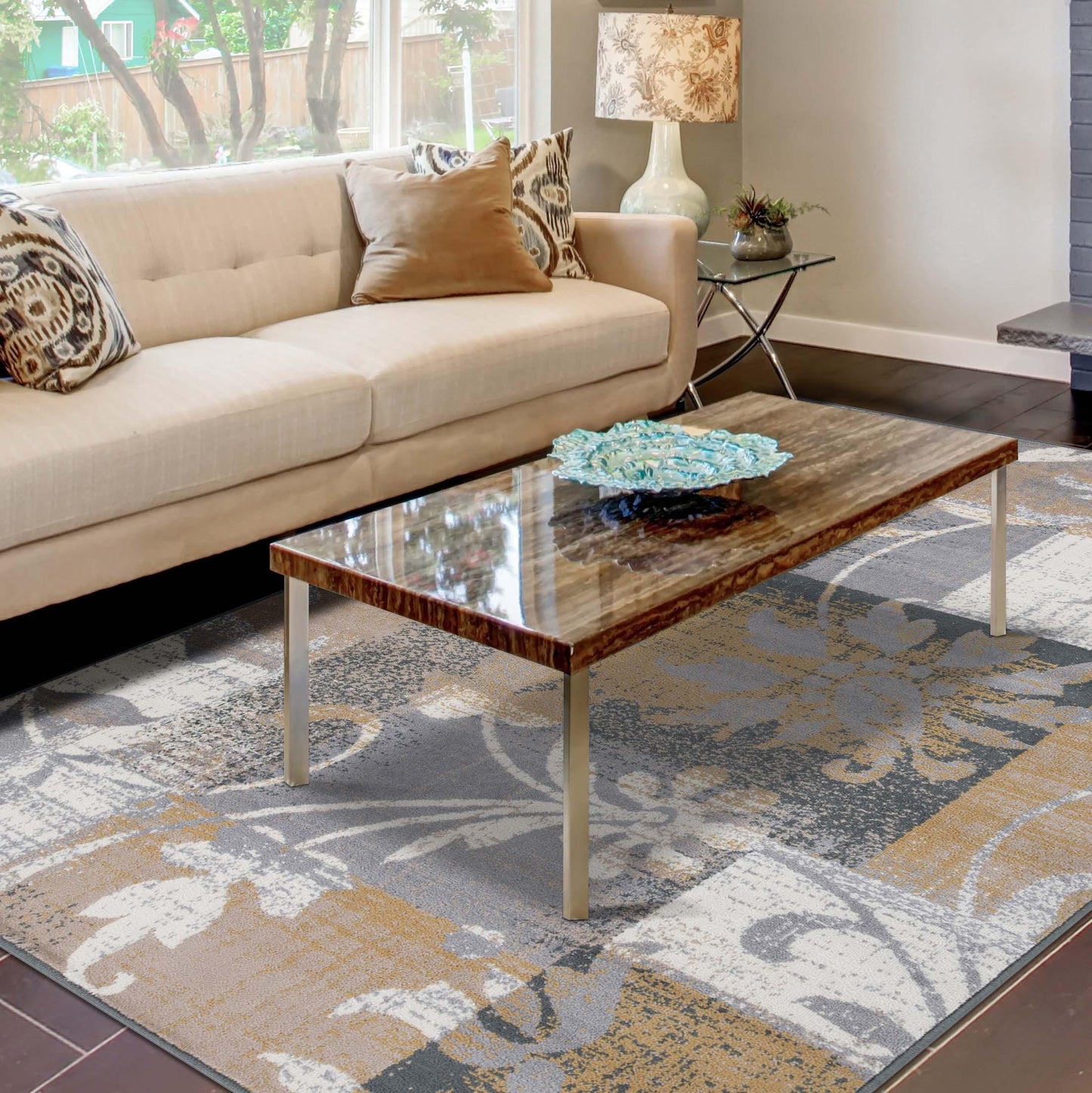 Pastiche Contemporary Floral Patchwork Indoor Area Rug or Runner - Camel