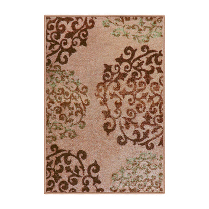 Amber Floral Scroll Medallion Non-Slip Washable Indoor Area Rug or Runner - Camel