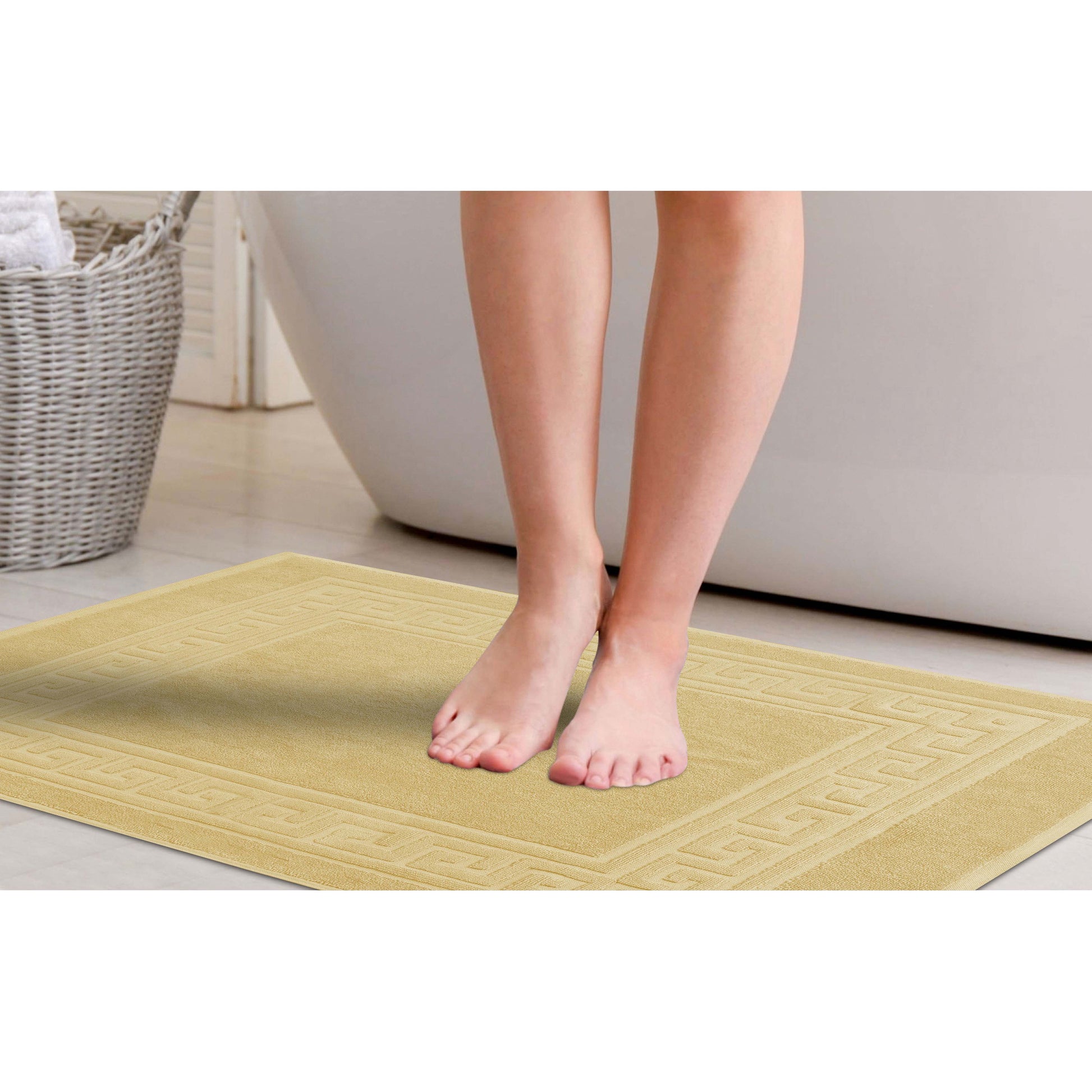 100% Cotton Highly-Absorbent Greek Key Border Solid 2-Piece Bath Mat Set - Canary