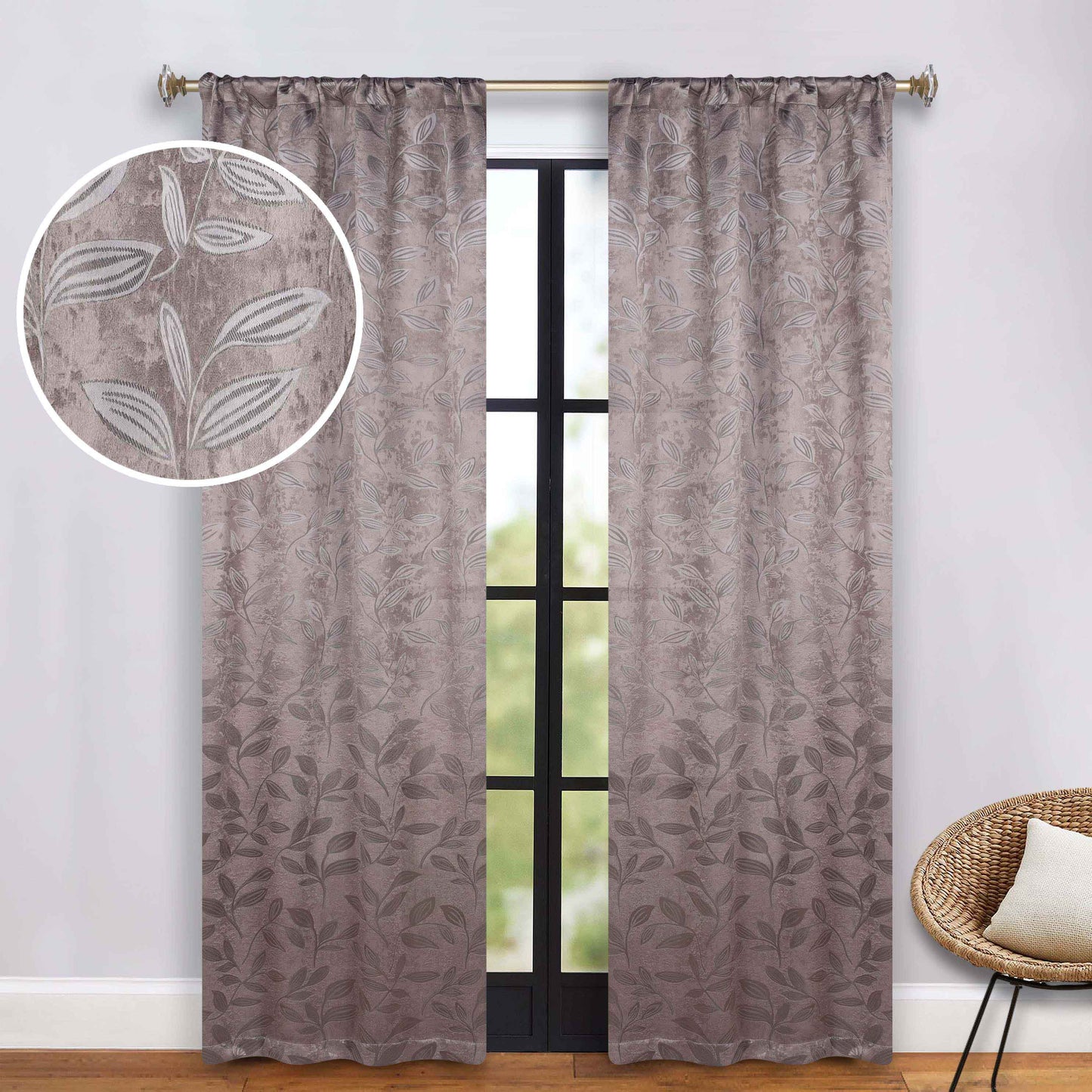 Leaves Room Darkening Grommet Rod Pocket Curtain Panels, Set of 2