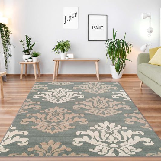 Superior Casper Damask Floral Area Rug - Blue