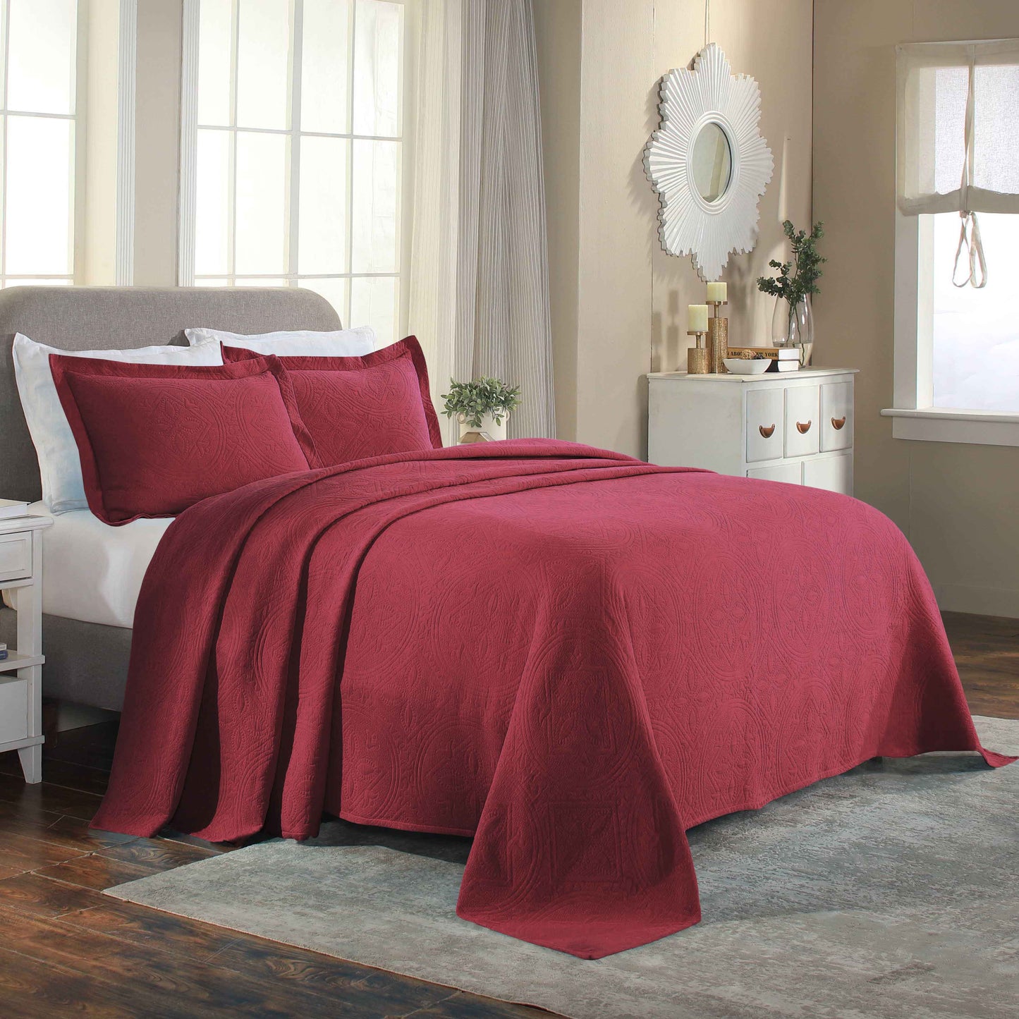 Celtic Circle Cotton Jacquard Matelasse Bedspread Set - Burgundy