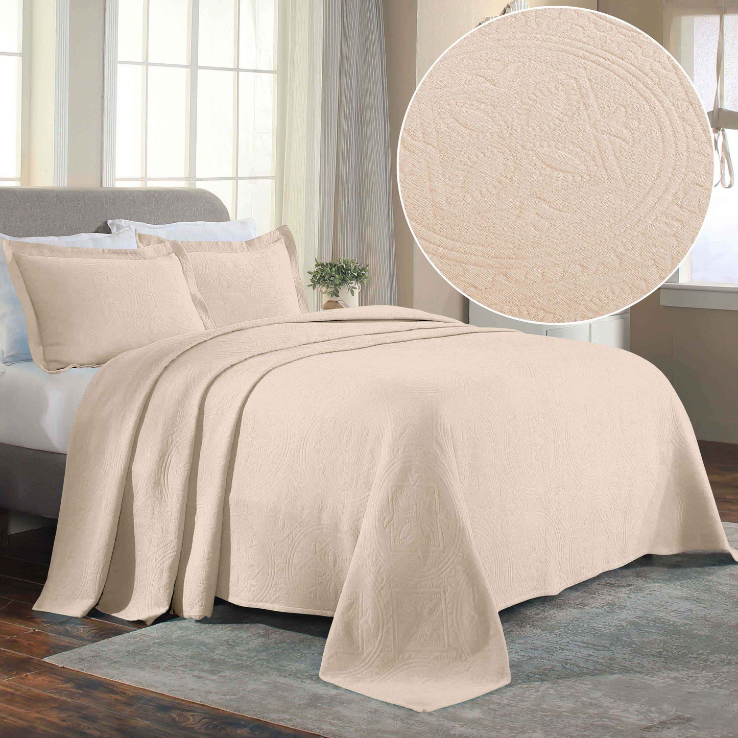 Celtic Circle Cotton Jacquard Matelasse Bedspread Set - Ivory