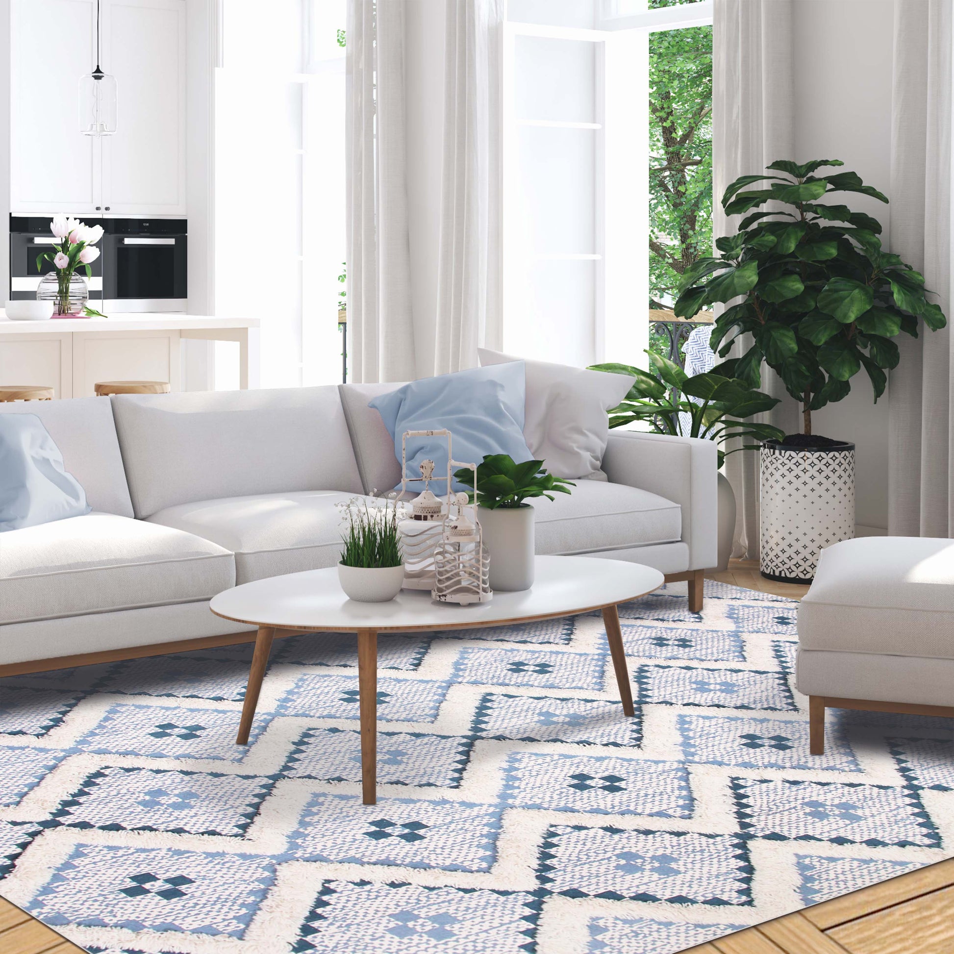 Geometric Wool Cotton Blend Latex Backing Indoor Area Rug - Cerulean/DarkDenim