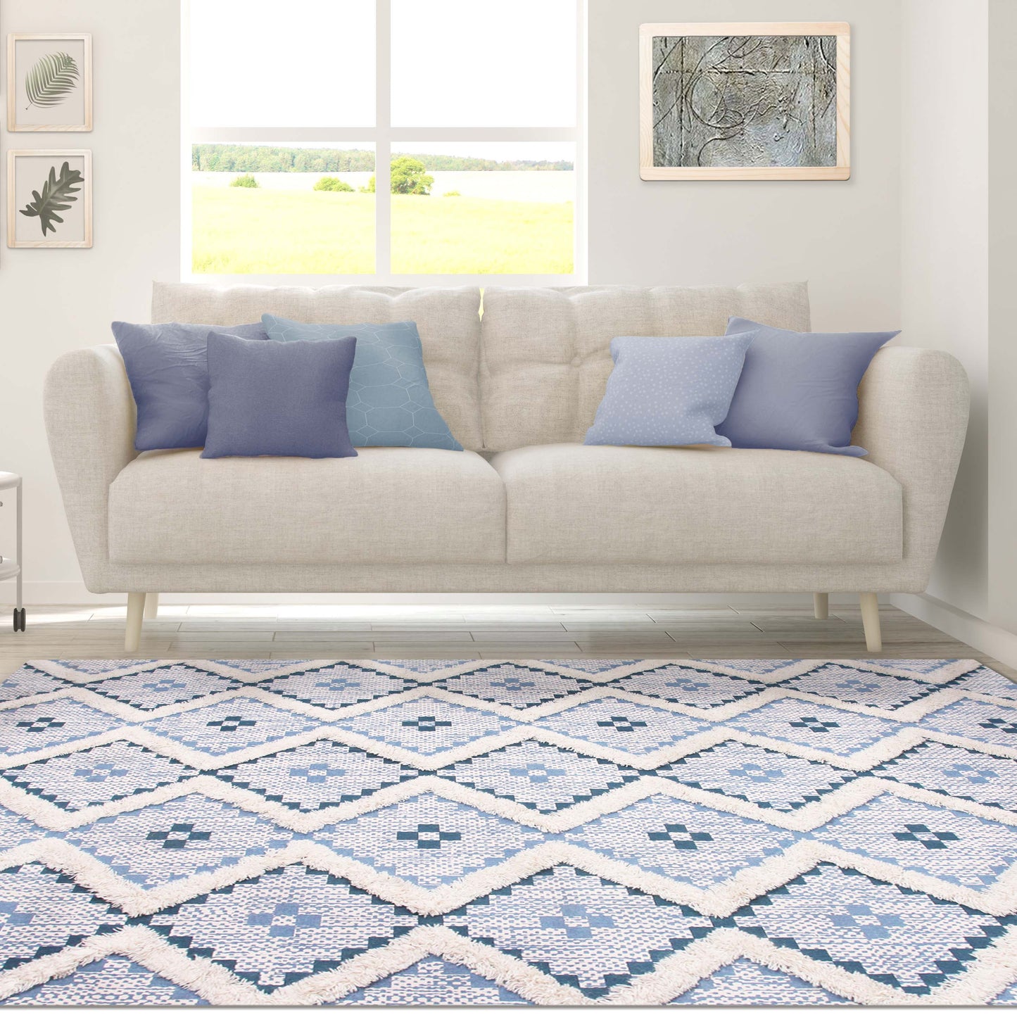 Geometric Wool Cotton Blend Latex Backing Indoor Area Rug - Cerulean/DarkDenim