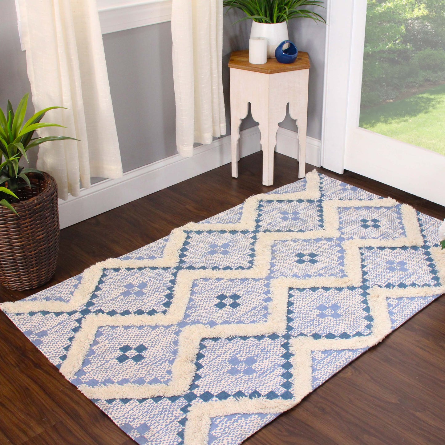 Geometric Wool Cotton Blend Latex Backing Indoor Area Rug - Cerulean/DarkDenim